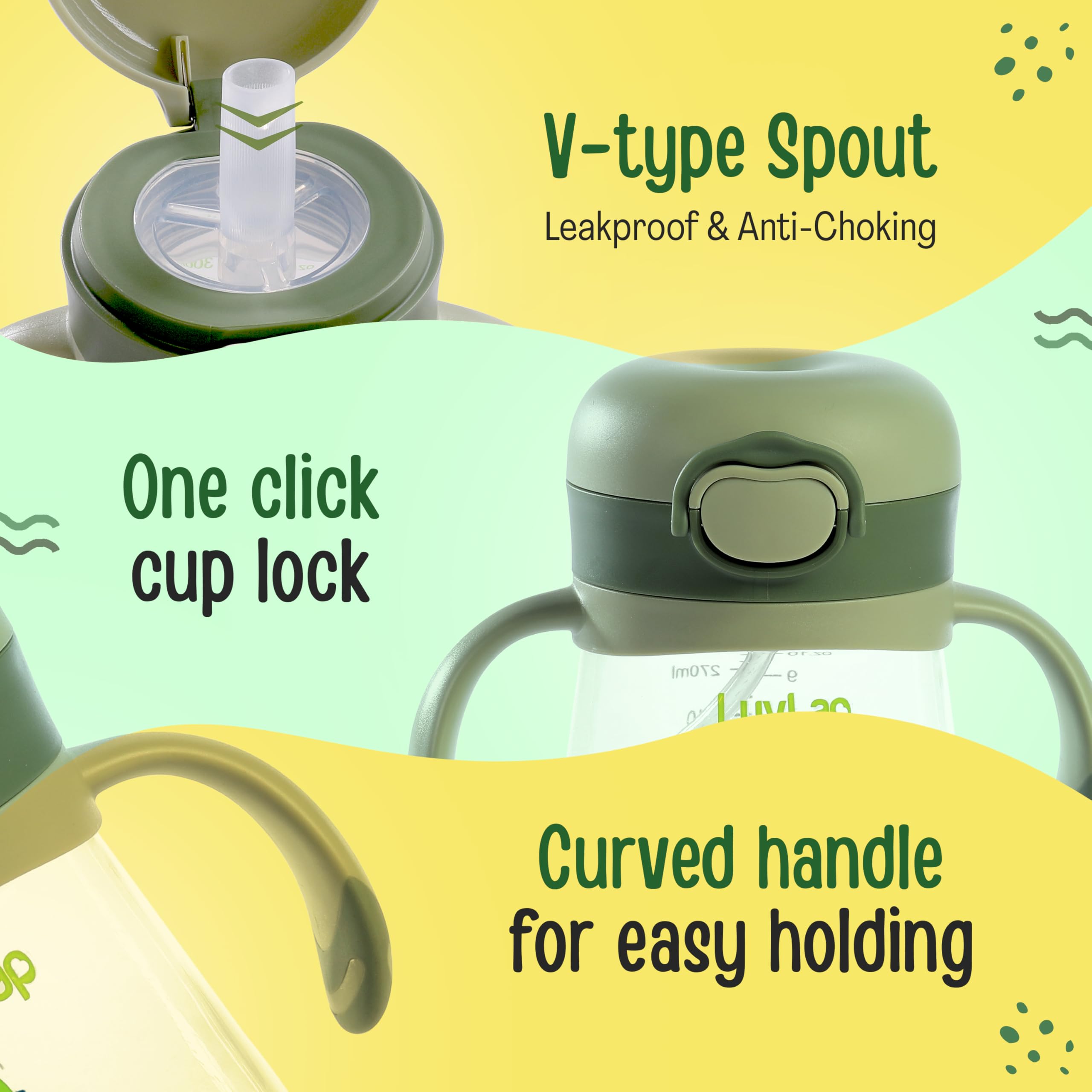 LuvLap Bite Resistant Soft Silicone Straw Sipper Cup with Handle, with Weighted Straw, Sippy Cup with Anti Spill Lock, BPA Free, 300 ml, Green, Training Cup for Kids