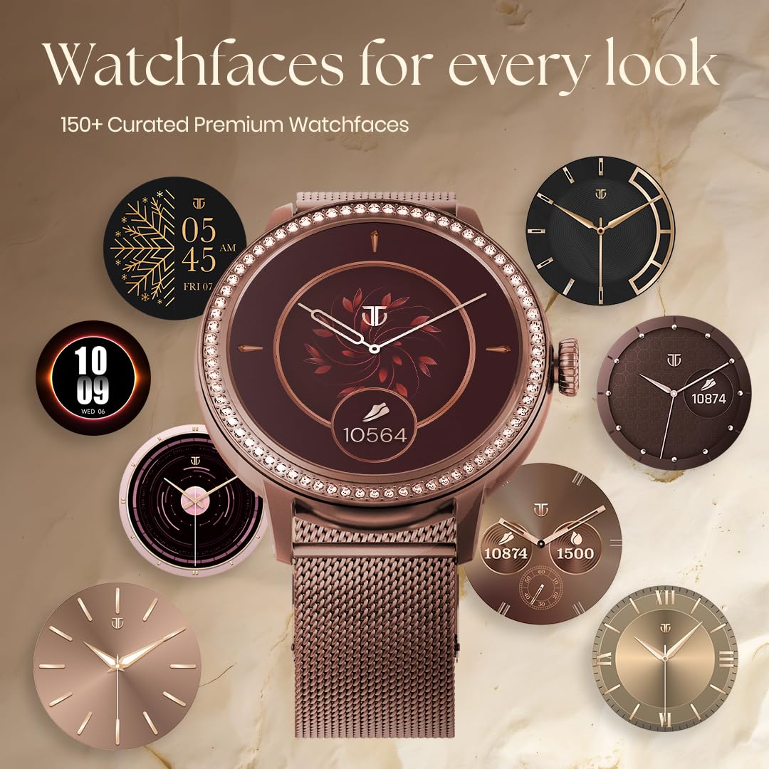 Titan Valerie 1.19" AMOLED Studded Stainless Steel Smart Watch for Women, Next-Gen Chipset, Functional Crown, SOS & BT Calling, Women Wellness Suite, BP & Skin Temp Monitor, Fast Charging (Brown)