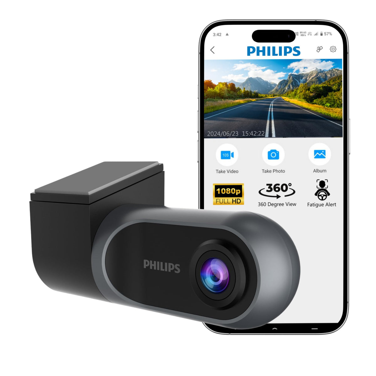 Philips GoSure 3001 Dash Cam for Car, Full HD 1080p, G-Sensor, Loop Recording, Night Vision, Wide Angle Lens, Car DVR Camera, Compact Design – Black