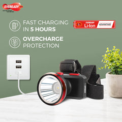 Eveready Headlamp DL89, Rechargeable 1W Led Emergency Head Light Torch, 90° Tilt, Easy to Mount (Can Be Worn Without A Helmet), Type-B/Micro-USB Fast Charging, Powered by Li-Ion Battery