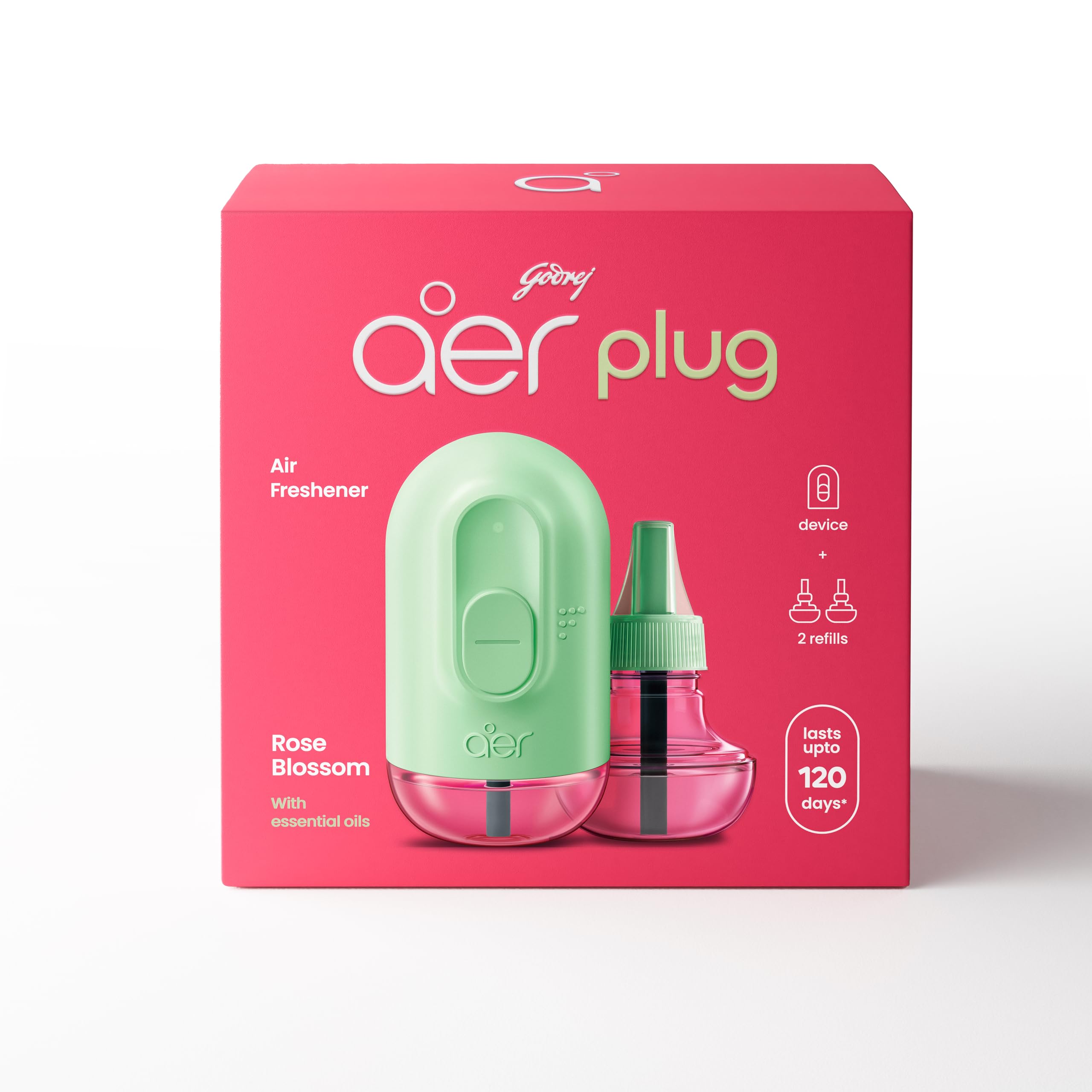 Godrej aer Plug Electric Air Freshener (Machine + 2 Refills (20ml each) | Rose Blossom | Lasts up to 120 days