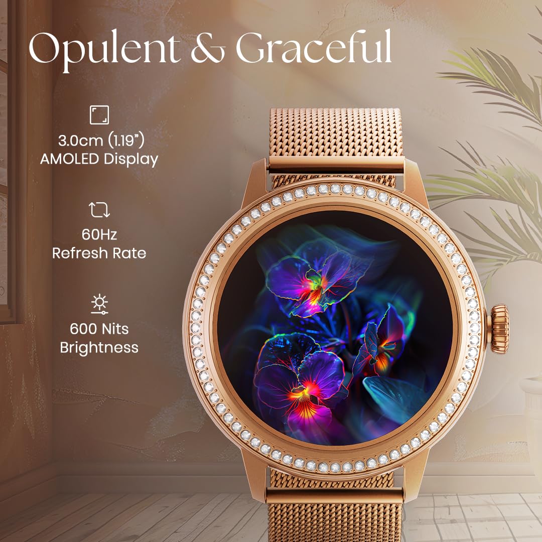 Titan Valerie 1.19" AMOLED Studded Stainless Steel Smart Watch for Women, Next-Gen Chipset, Functional Crown, SOS & BT Calling, Women Wellness Suite, BP & Skin Temp Monitor, Fast Charging (Brown)