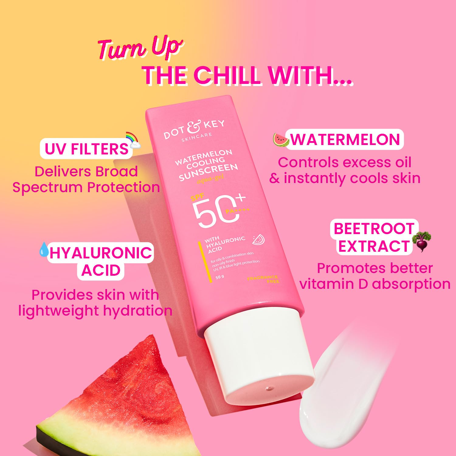 Dot & Key Watermelon Cooling Sunscreen SPF 50+ PA++++ | With Hyaluronic Acid, Instantly Cools, Broad Spectrum Protection | Controls Excess Oil, Checks Tanning, No White Cast | 50g