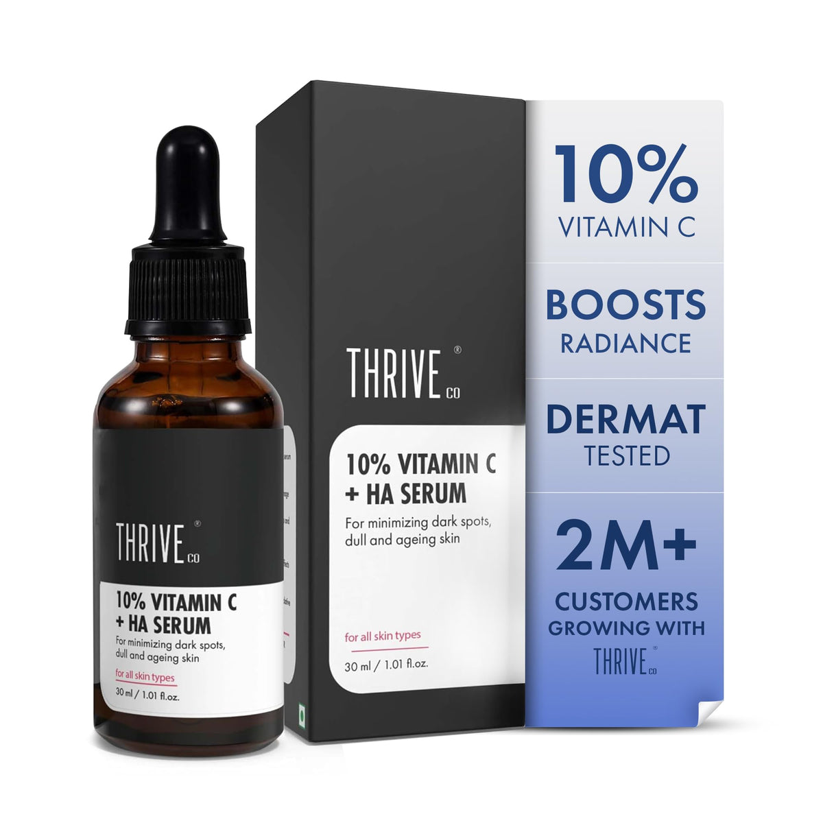 ThriveCo 10% Vitamin C Face Serum with 33kDa + 5kDa Hyaluronic Acid | Skin Brightening Serum for Glowing Skin | Best Vitamin C Serum for Dark Spots, Hydration & Anti-Aging | 30ml