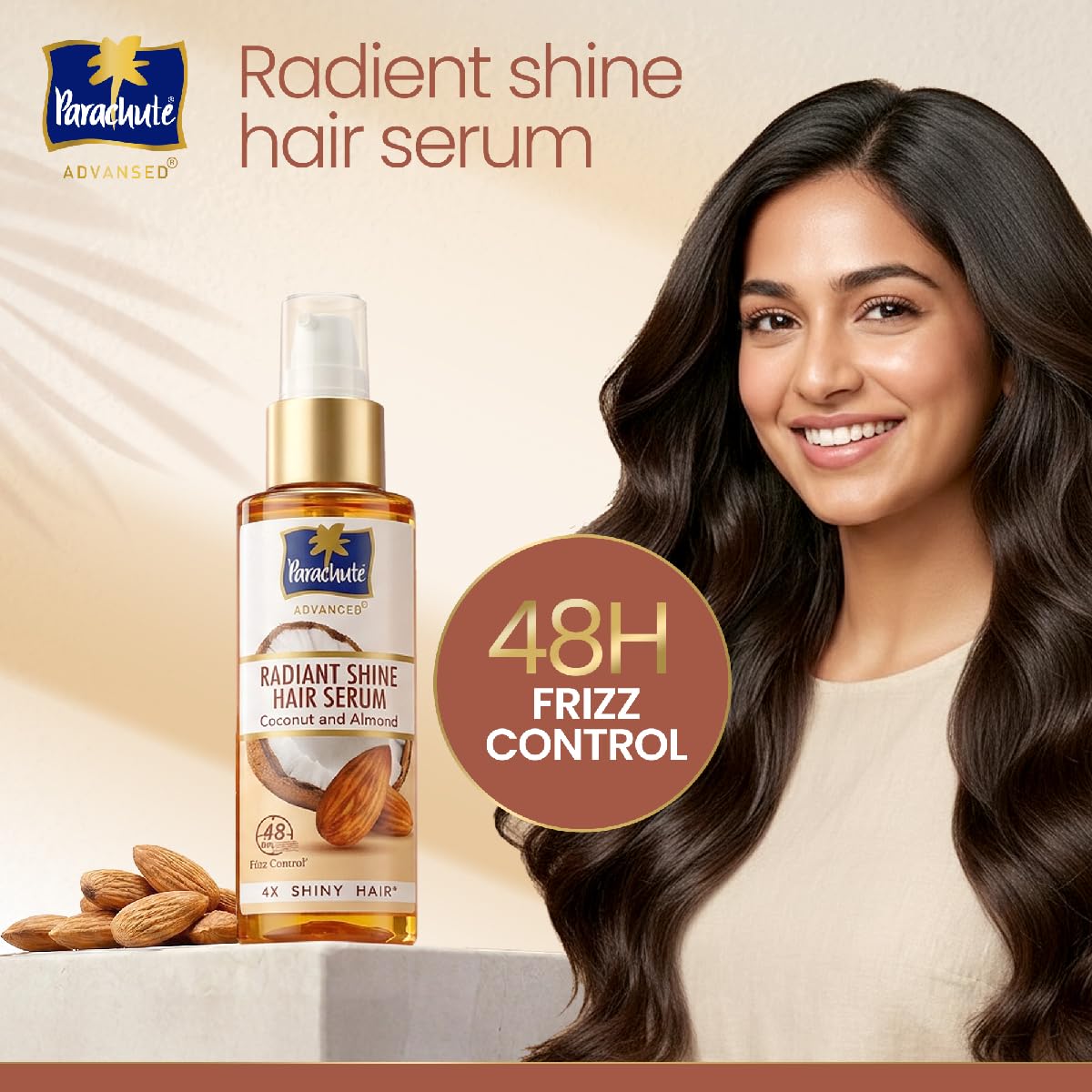 Parachute Advansed Radiant Shine Hair Serum | Coconut & Almond | 48 Hr Frizz Control | 4X Shiny Hair | 100ml