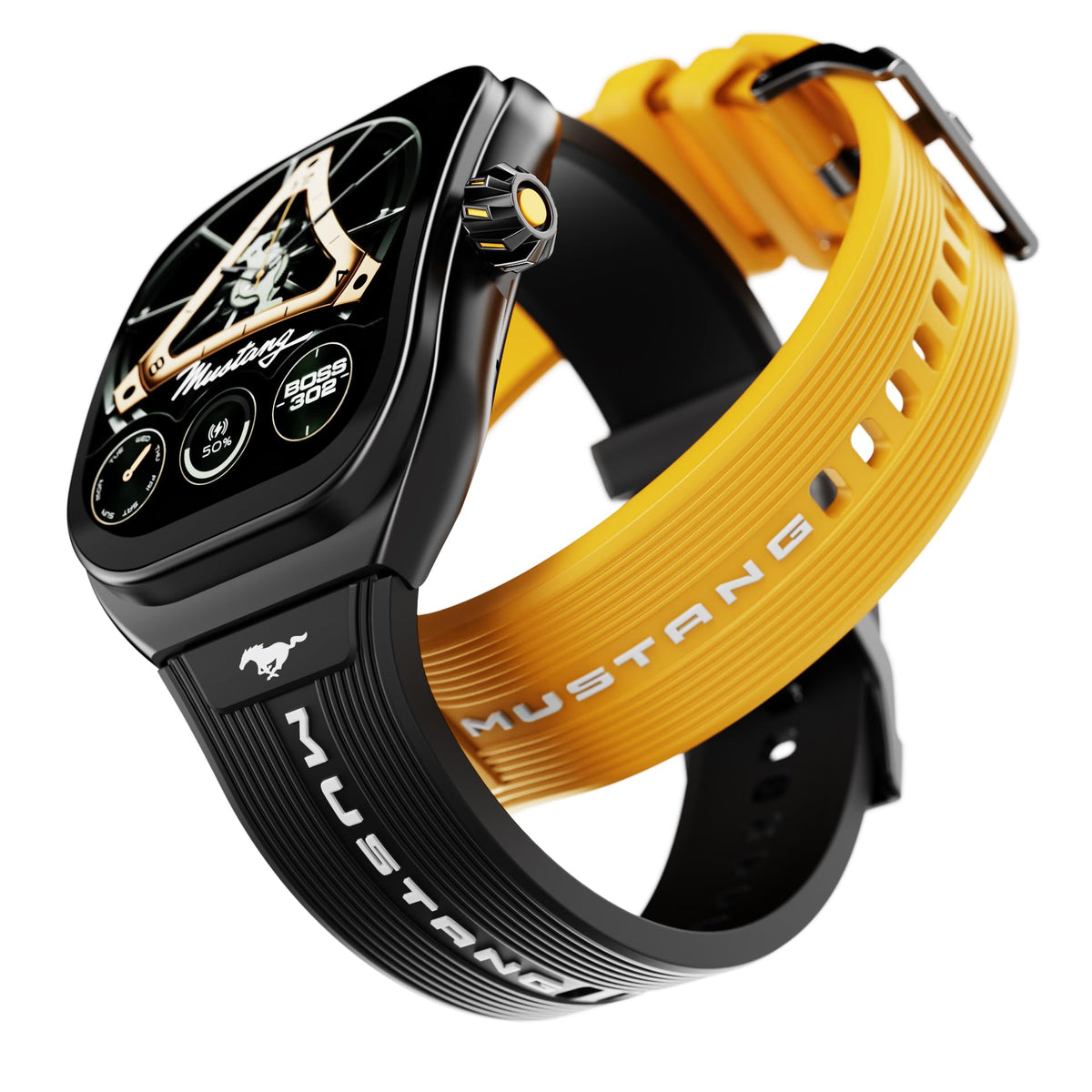 GOBOULT Mustang Muscle Smart Watch 2.01'' 3D Curved Display, Convertible Strap, Premium Metallic Crown, BT Calling, 600 Nits Brightness, AI Voice Assistant, IP68 (Extra Strap, Black Eclipse)