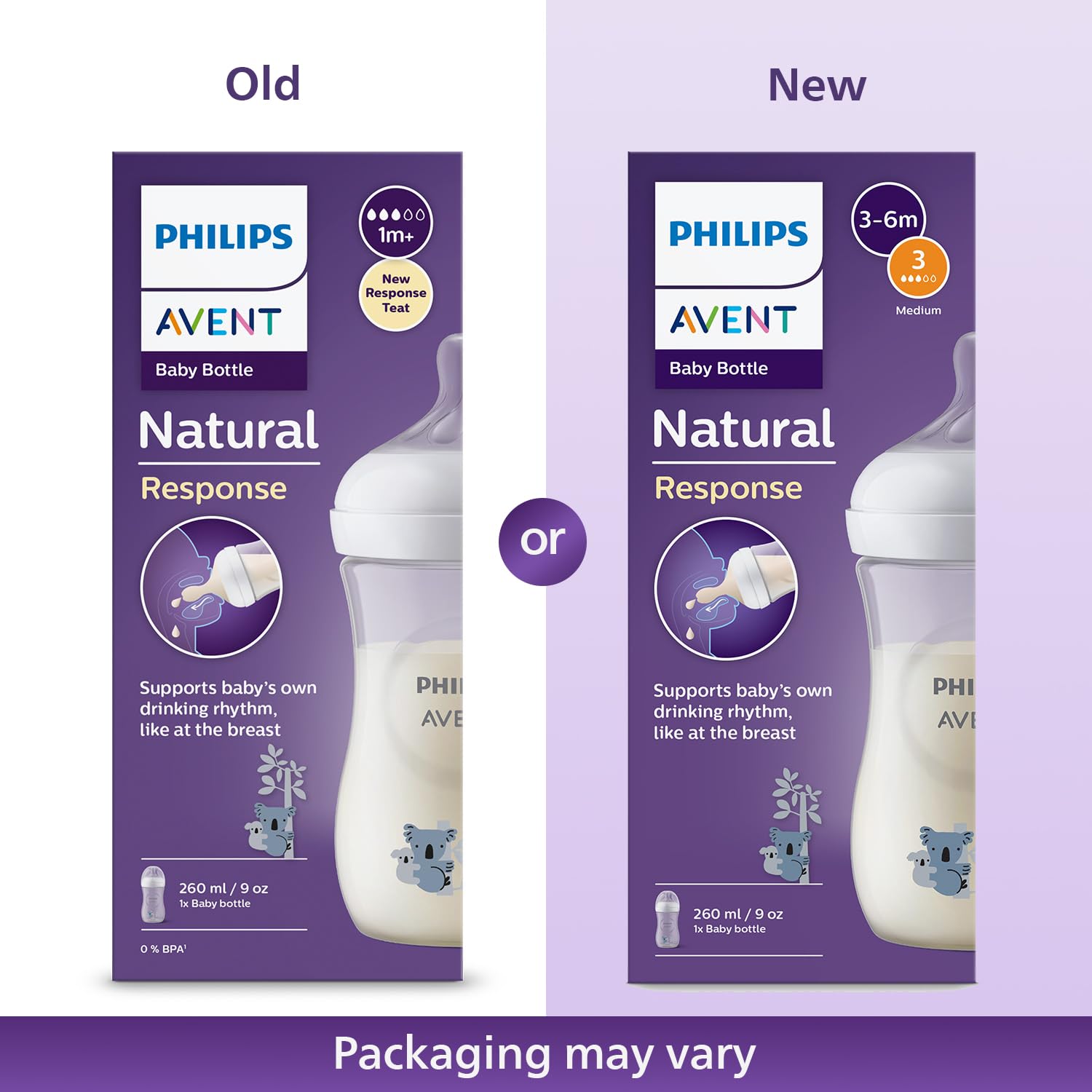 Philips AVENT Natural Response Plastic Baby Feeding Bottle - 260Ml Baby Milk Bottle, Bpa Free with Babies 1Month+ Teat (260Ml Koala Bear Print)