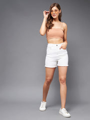 Miss Chase Women's White Regular High Rise Clean Look Regular Stretchable Denim Shorts