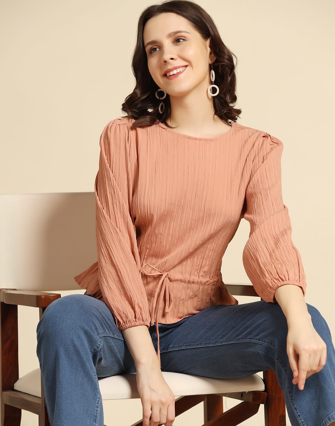 TAGAS Women's Solid Regular Fit Shirt (WT-701-PEACH) | Women's Satin Bubble Long Sleeve Top - Apparel from TAGAS - Shop in Sri Lanka at Arcade.lk