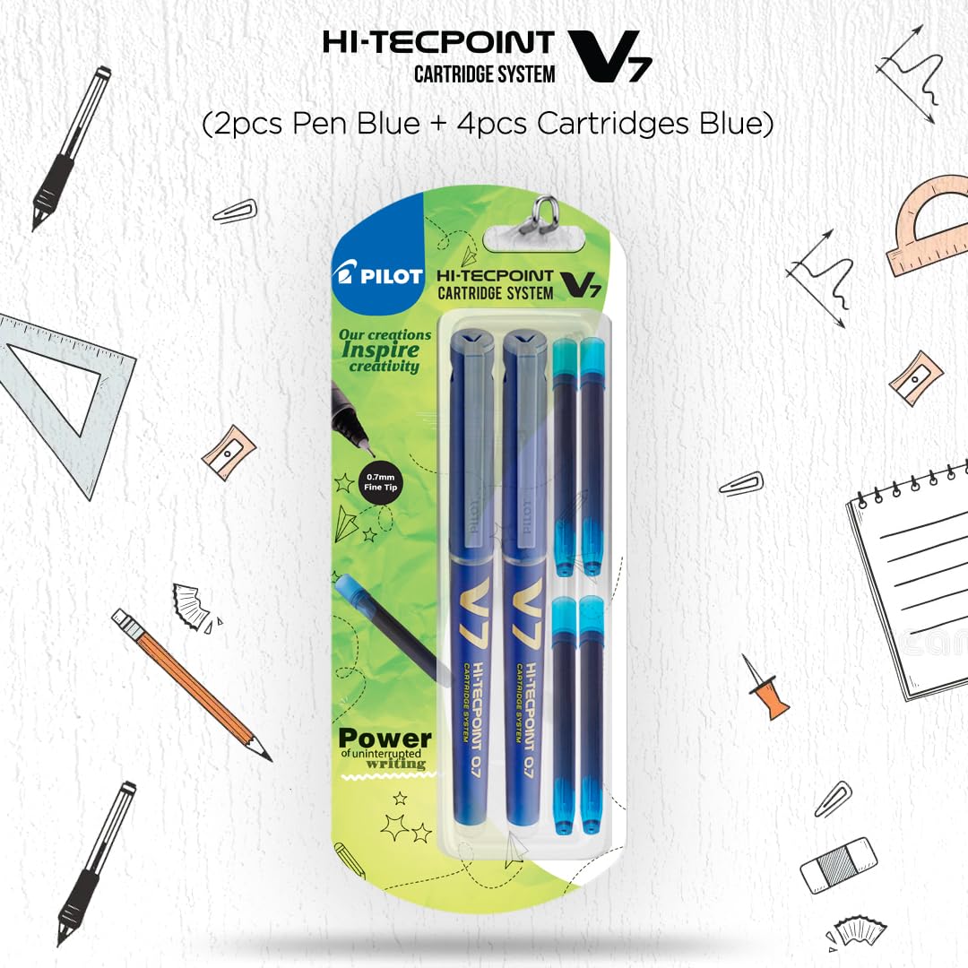 Pilot V7 Hi-tecpoint Roller ball pen with Cartridge System - 2 Blue Pens, 4 cartridges