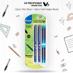 Pilot V7 Hi-tecpoint Roller ball pen with Cartridge System - 2 Blue Pens, 4 cartridges