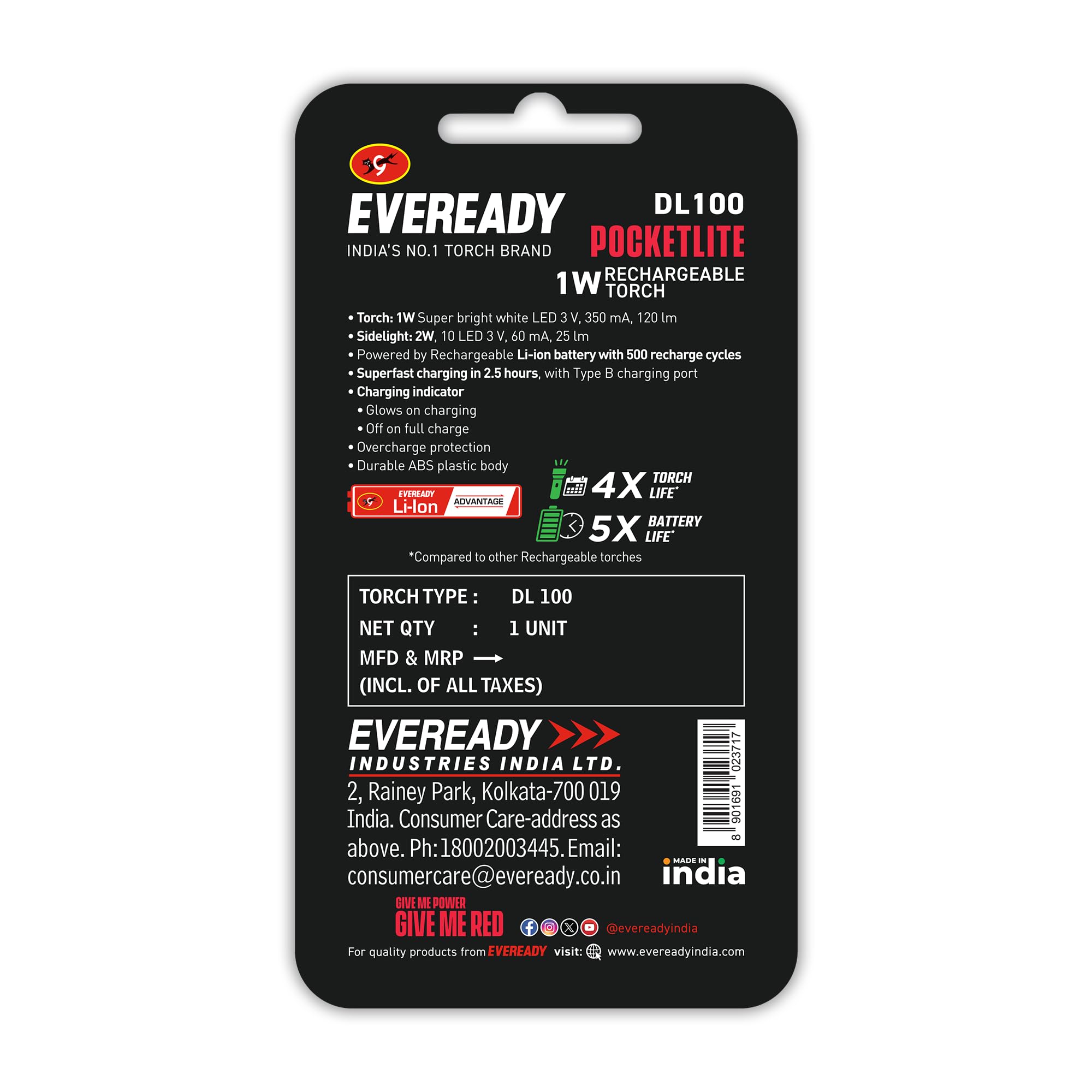 Eveready Pocketlite DL100, Rechargeable 1W LED Torch Cum Emergency 2W Sidelight, Type-B/Micro-USB Fast Charging, Overcharge & Deep Discharge Protection, Powered by Li-Ion Battery
