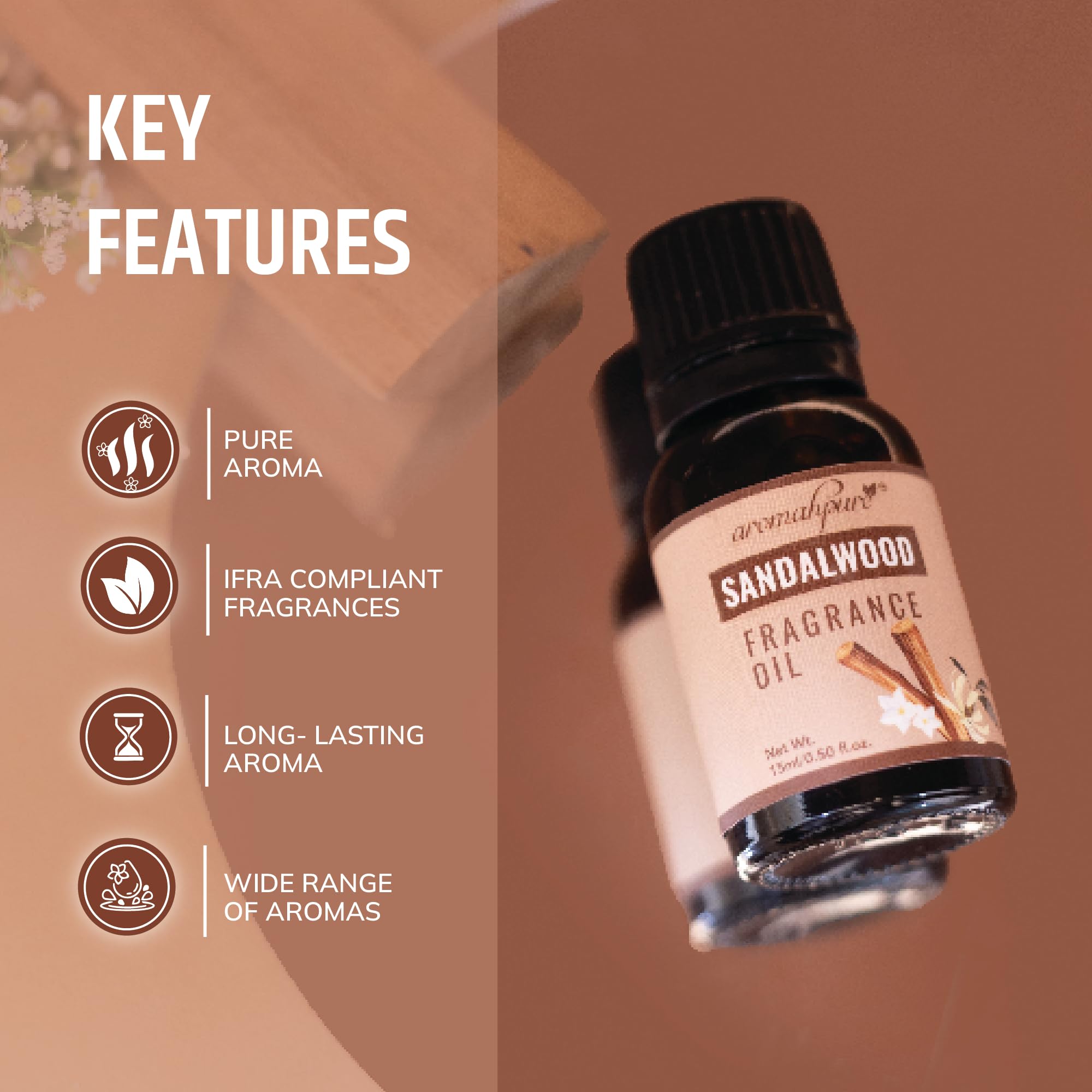 Aromahpure Fragrance Oil | 15 ml | Sandalwood Aroma Oil for Home Fragrance | Best for Aromatherapy | Helps in meditation | Used in Diffusers, Candles, Air Fresheners, Soaps,IFRA certified