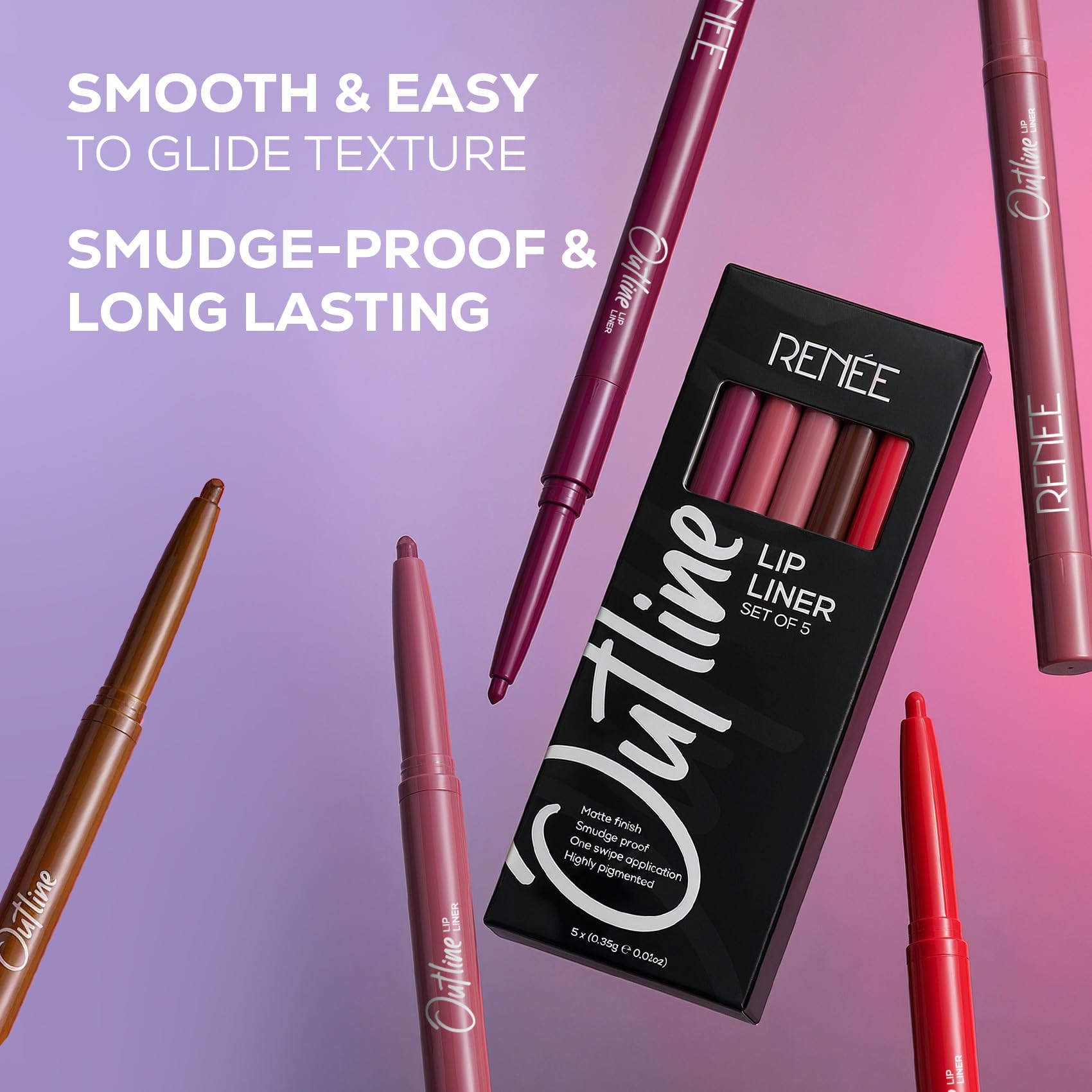 RENEE Outline Lip Liner - Combo of 5 with Built-in Sharpener l Long Lasting l Smudge Proof l Smooth Matte Finish l Rich Color Payoff l One Swipe Application l Ultimate Precision l Easy to Glide