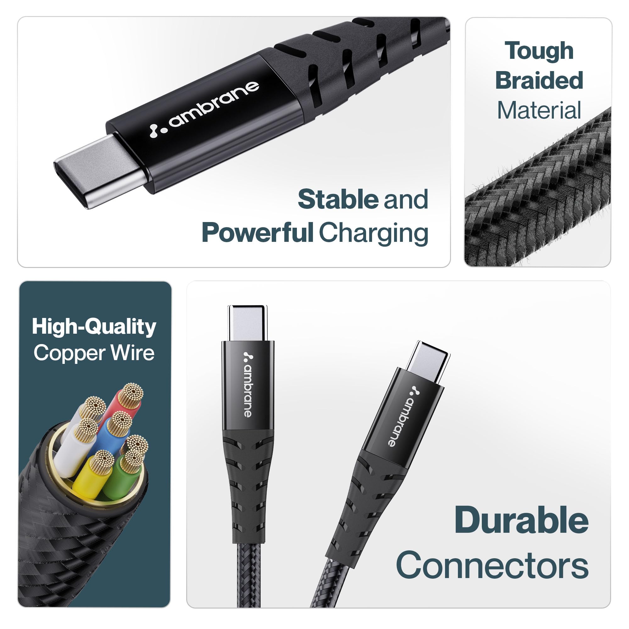 Ambrane Unbreakable 60W Fast Charging 1.5M Braided Type C to Type C Cable, PD Technology, 480Mbps (RCTT15, Black) - Wireless Accessory from Ambrane - Shop in Sri Lanka at Arcade.lk