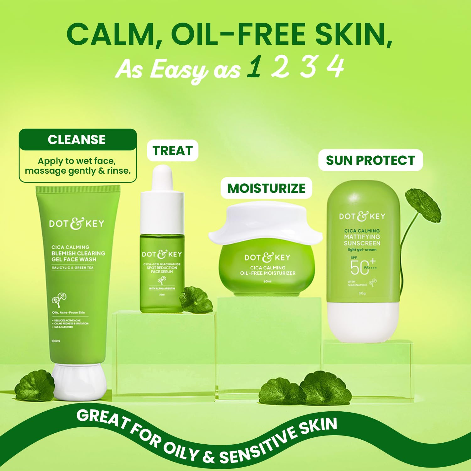 Dot & Key CICA Face Wash for Acne Prone Skin, 2% Salicylic Acid with Green Tea | For Oily & Sensitive Skin | Sulphate Free for Men & Women | Oil Control Face Wash with Zinc | 100ml