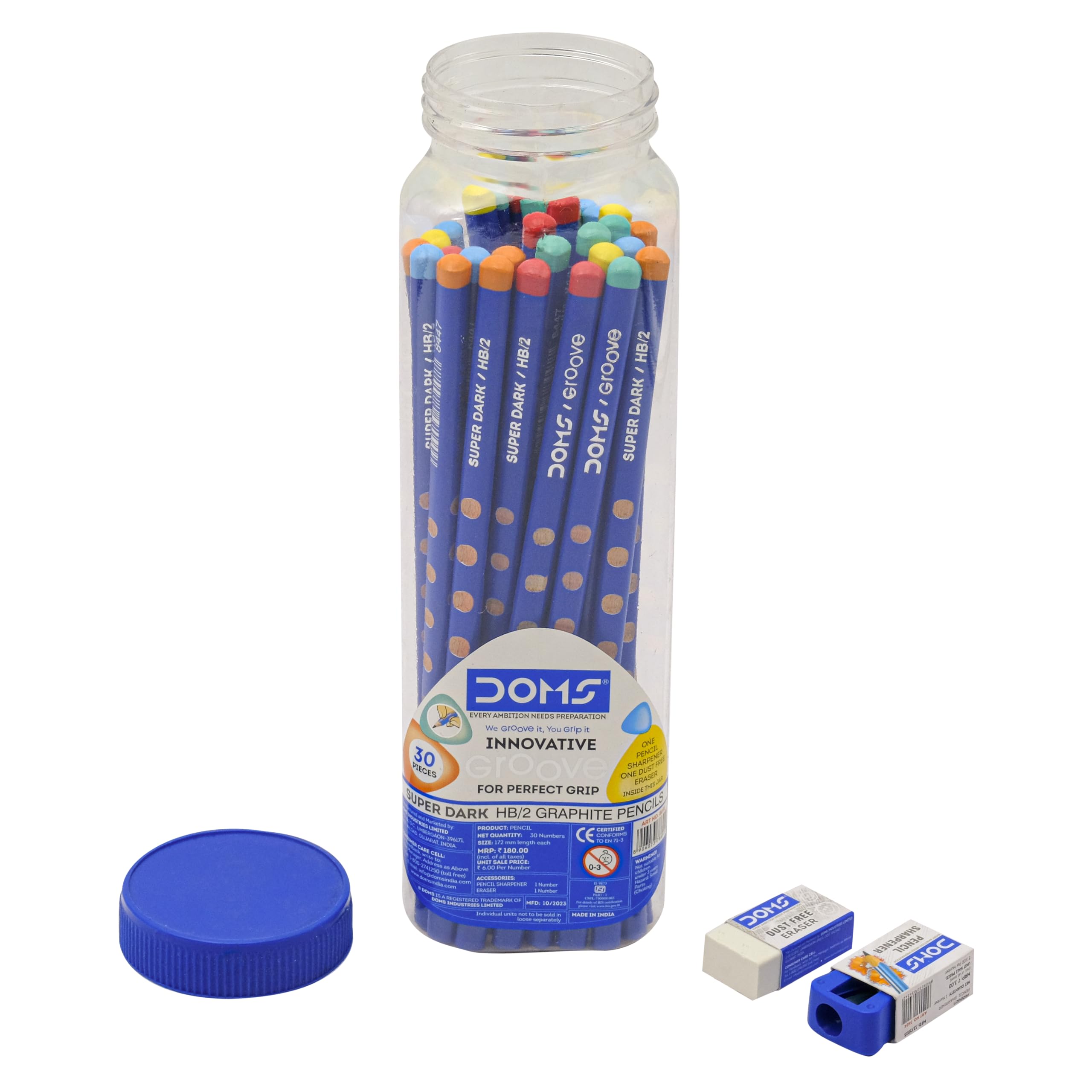 Doms Groove Super Dark HB/2 Graphite Pencils Jar Pack | Innovative Groove For Perfect Grip | Free Pencil, Eraser, Sharpner & Scale | Ideal For Sketching & Drawing | Pack of 30 Pencils