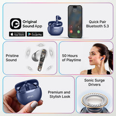 pTron Bassbuds Astra in-Ear TWS Earbuds w/Stereo Sound, 50Hrs Playtime, Stereo Calls, Custom EQ, Mobile App, BTv5.3 Headphones, Touch Control, Voice Assistant, Type C Charging & IPX4 (Navy Blue)