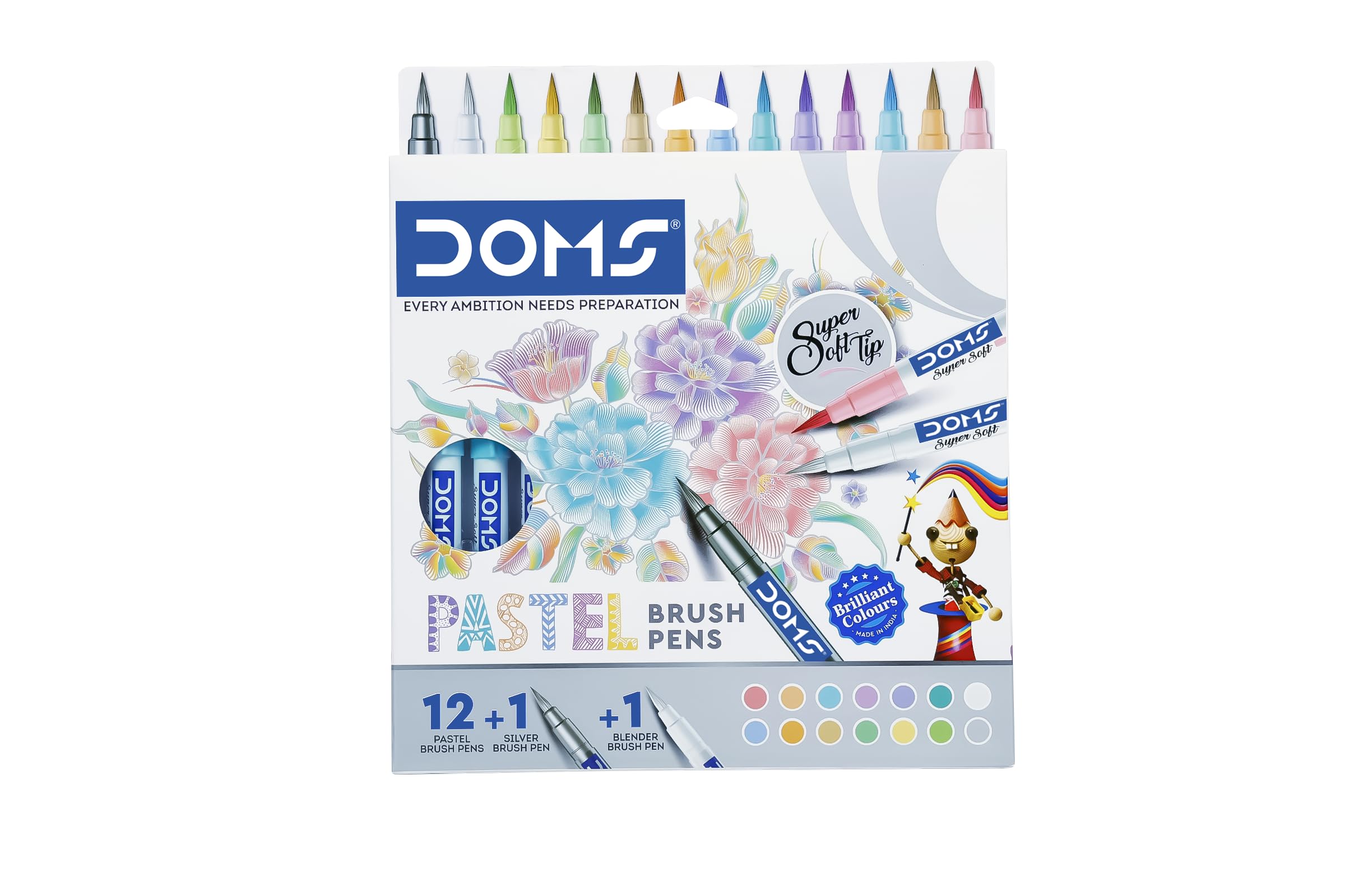 Doms Pastel Brush Pens (14 Shades | 12 + 1 + 1) (Pack of 1), Multicolor