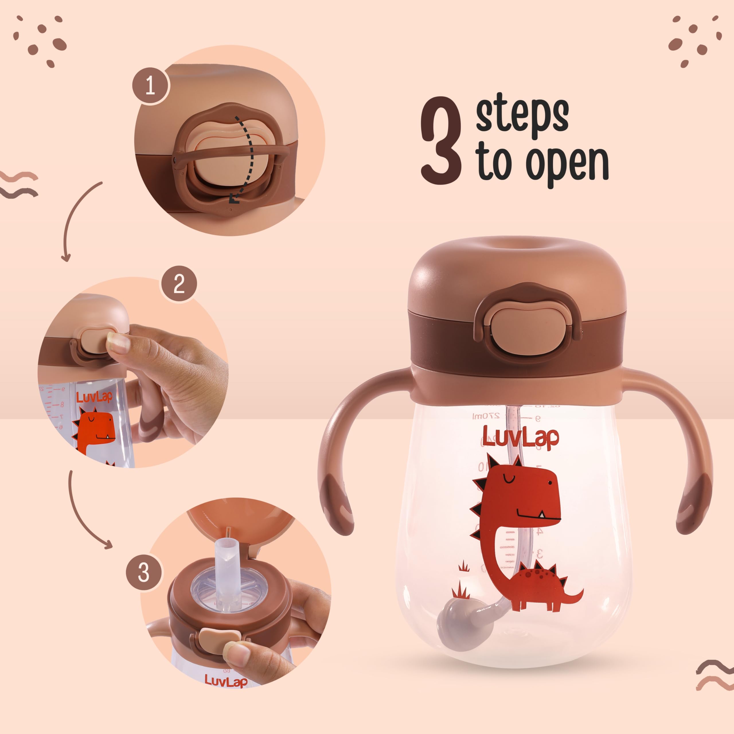 LuvLap Kids Bite Resistant Soft Silicone Straw Sipper Cup with Handle, with Weighted Straw, Sippy Cup with Anti Spill Lock, BPA Free,1 Year +, 300 ml, Brown