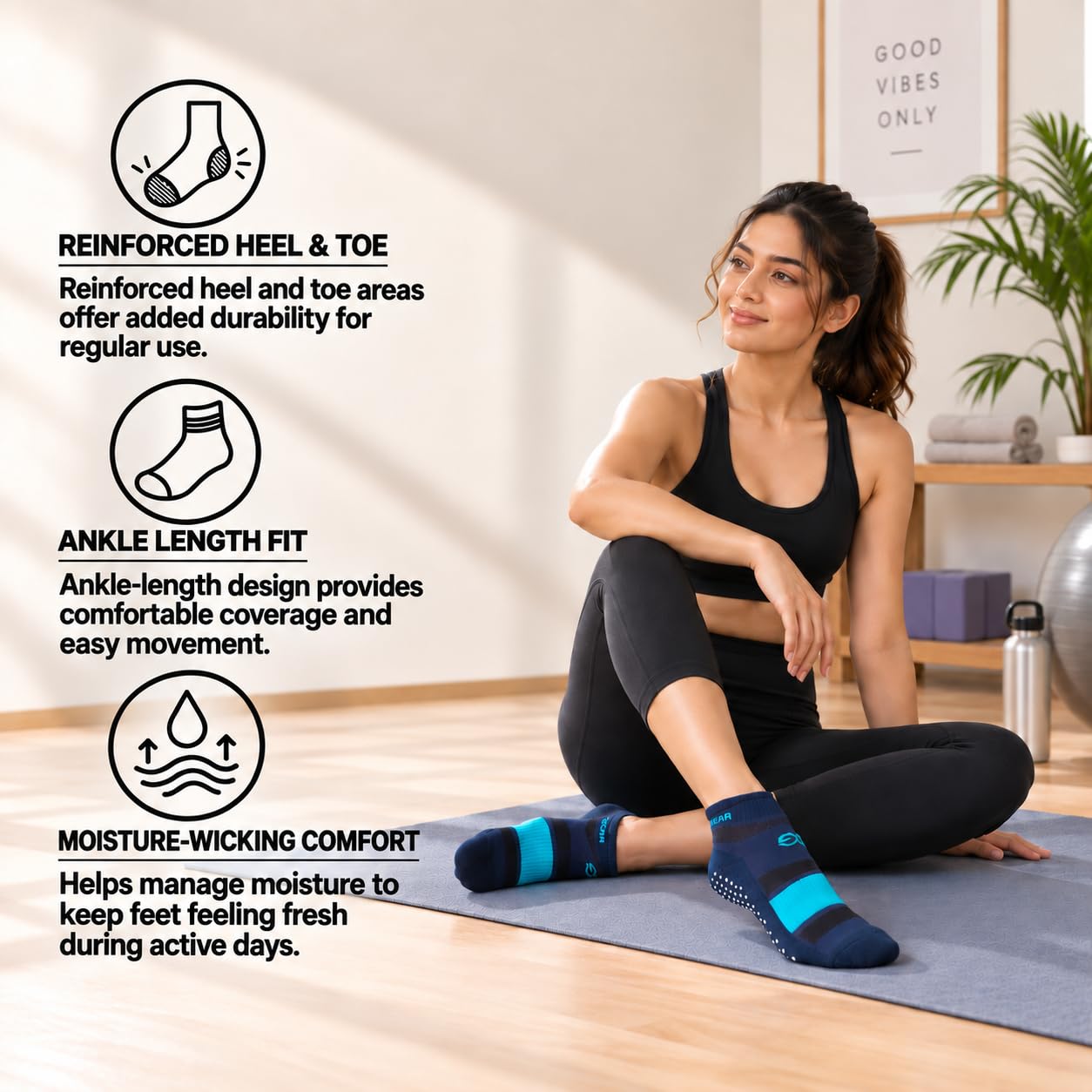 SuperGear Yoga Sports Socks for Women | Combed Cotton | Cushioned Comfort | Non-Slip Anti-Skid Grip | Ideal for Yoga, Exercise, Gym & Walking | Multicolour | Free Size | Pack of 3