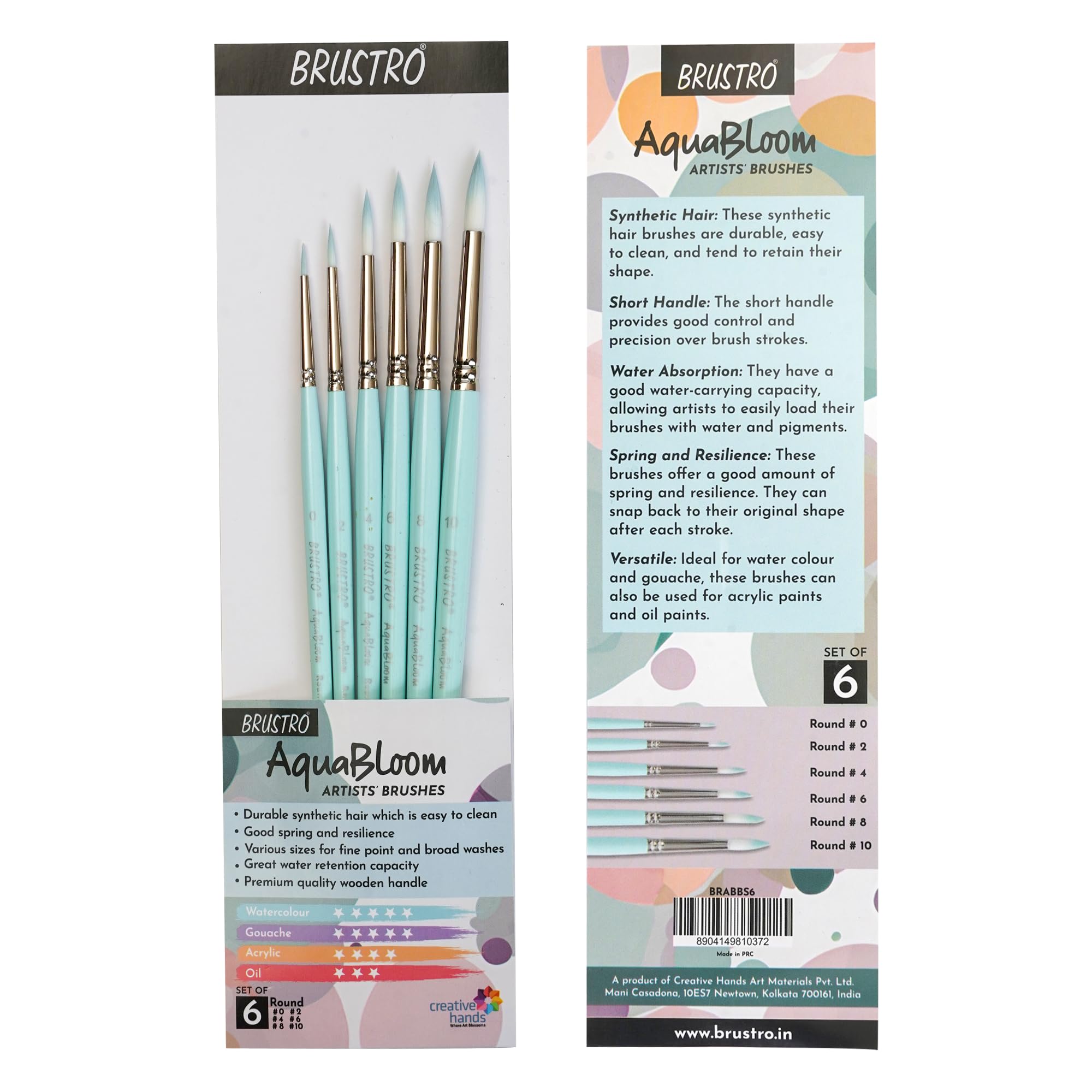 BRUSTRO AquaBloom Artist's Paint Brushes | Round | Set of 6 - Sizes (0, 2, 4, 6, 8, 10) | Wooden Handle, Comfortable Grip, Synthetic Bristles, Ideal for Watercolour, Gouache, Painting