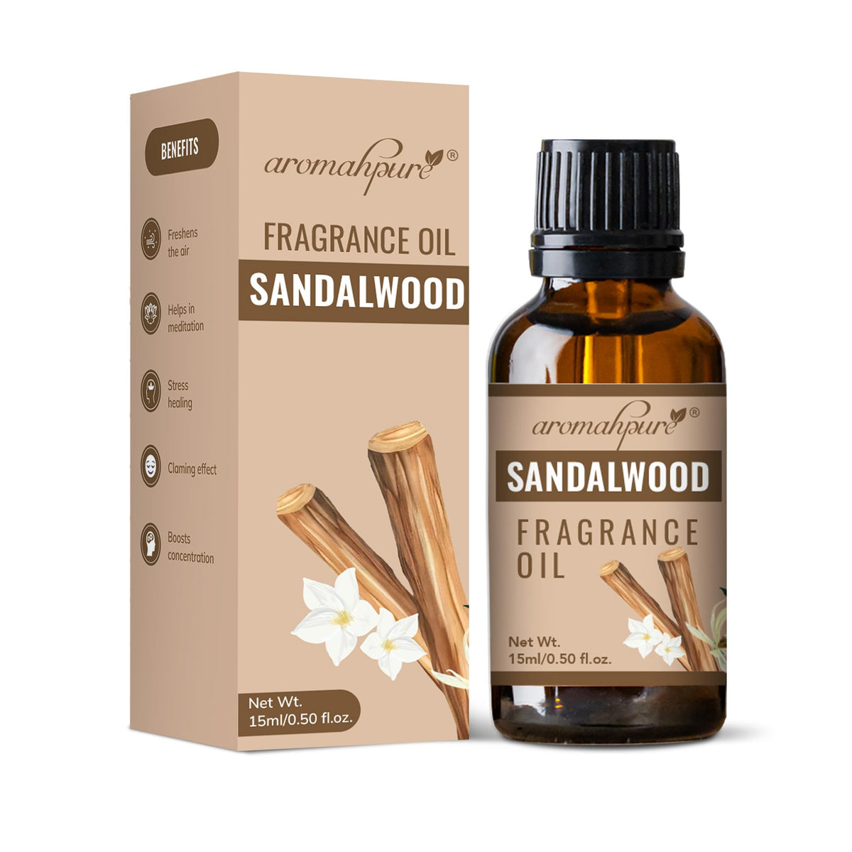 Aromahpure Fragrance Oil | 15 ml | Sandalwood Aroma Oil for Home Fragrance | Best for Aromatherapy | Helps in meditation | Used in Diffusers, Candles, Air Fresheners, Soaps,IFRA certified