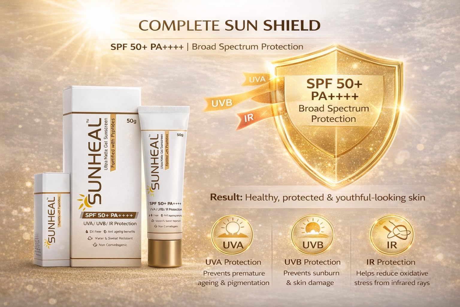 Sun-heal Ultra Matte Gel Sunscreen SPF 50+ PA++++ | UVA/UVB/IR Protection | Oil-Free & Non-Comedogenic | Water & Sweat Resistant | Anti-Ageing Peptide Formula | 50g | Glammy.lk