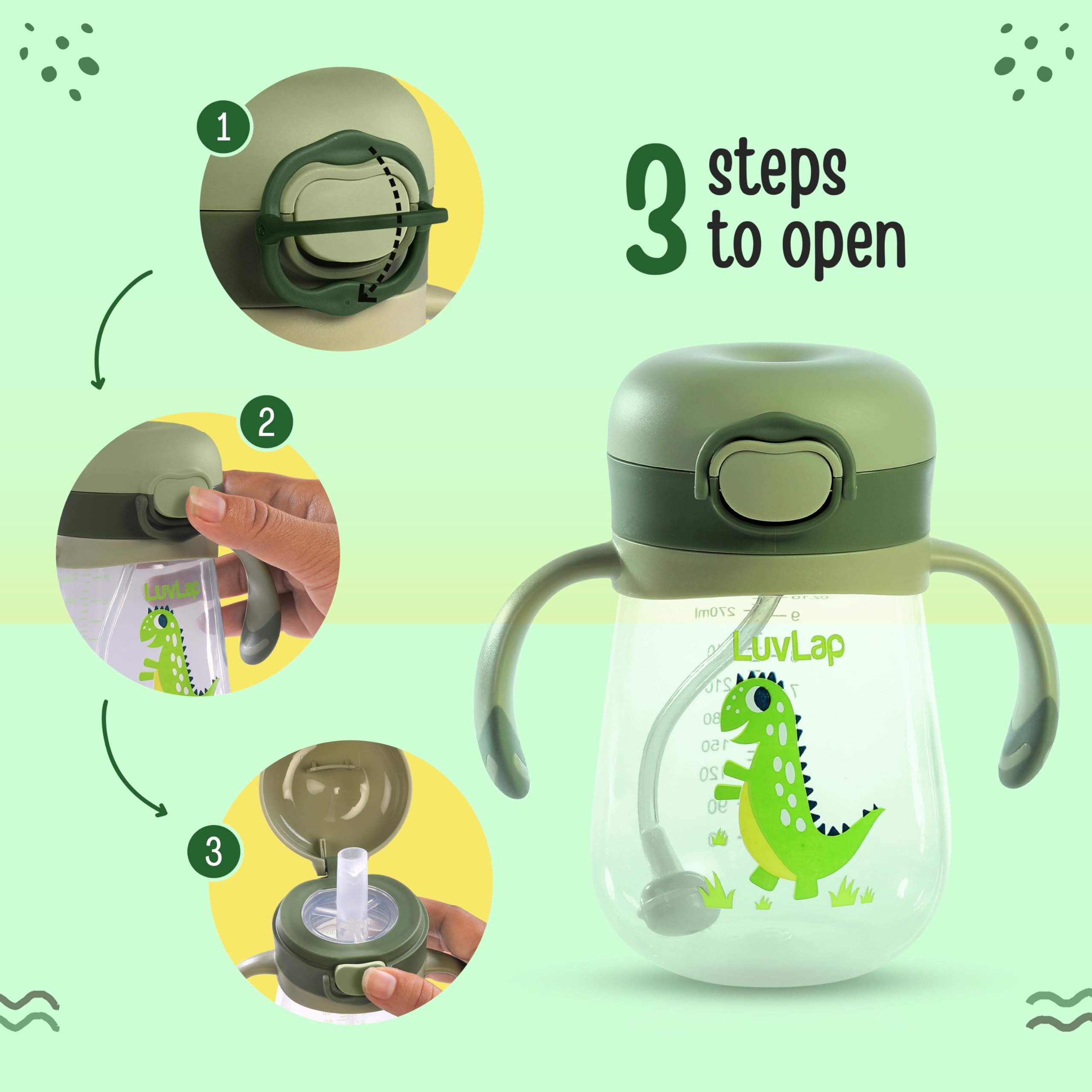 LuvLap Bite Resistant Soft Silicone Straw Sipper Cup with Handle, with Weighted Straw, Sippy Cup with Anti Spill Lock, BPA Free, 300 ml, Green, Training Cup for Kids