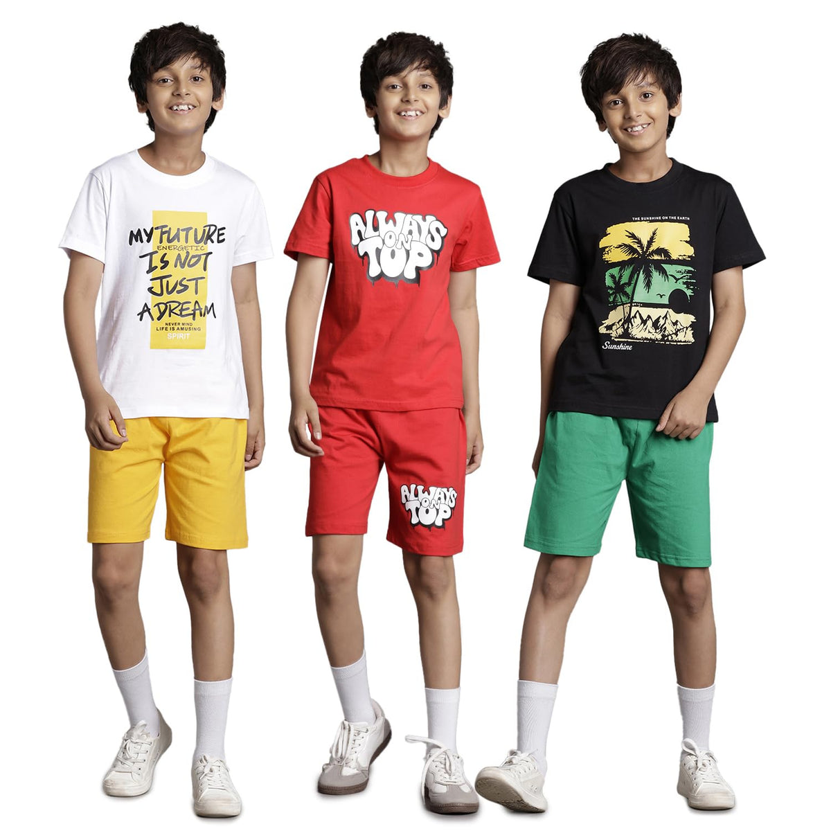 T2F Boys Cotton Printed Regular Fit T-Shirt and Shorts Clothing Set (Pack of 3)