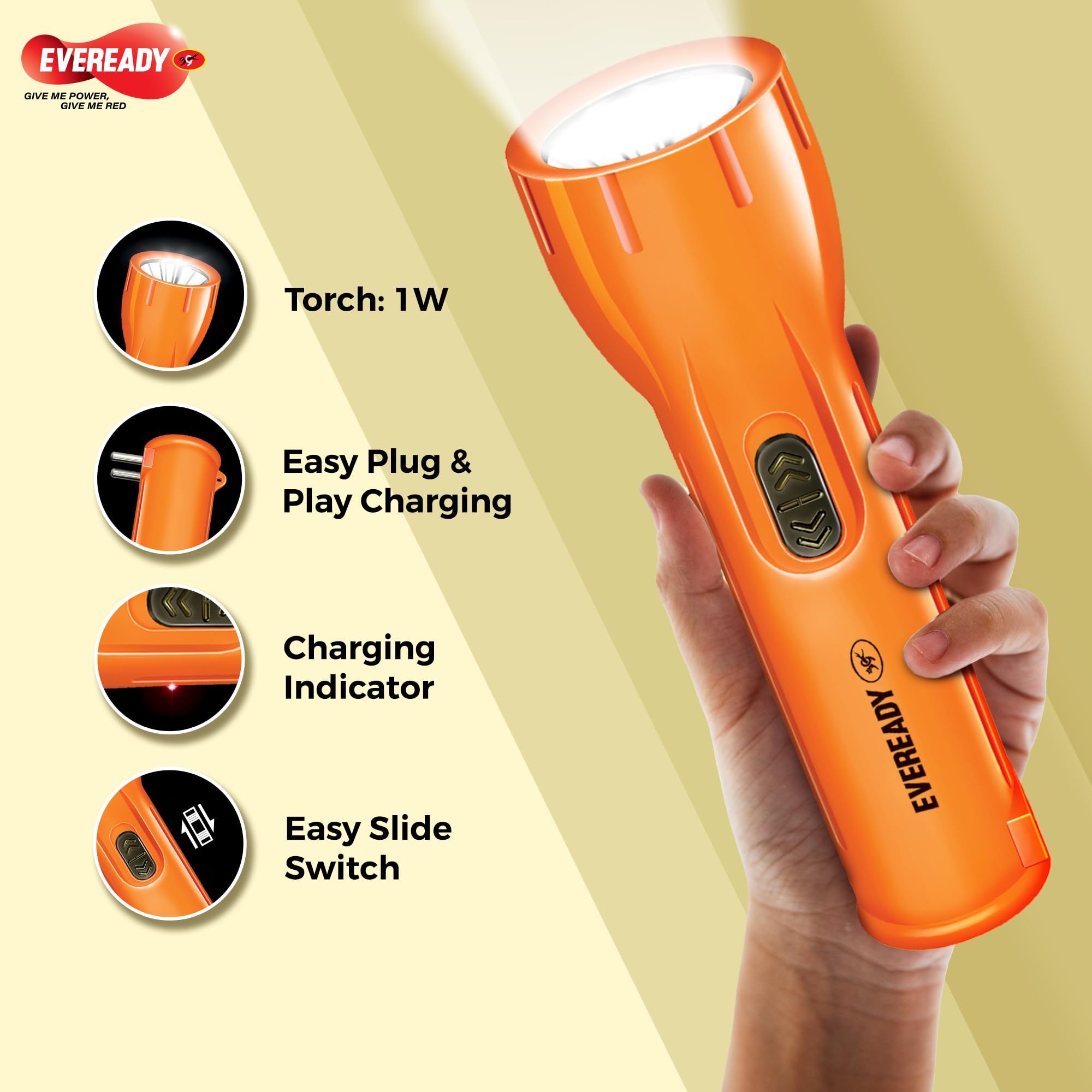 Eveready Streak DL22, Rechargeable 1W Emergency Torch, Easy Plug & Play Charging, Overcharge & Deep Discharge Protection, Powered by Li-Ion Battery