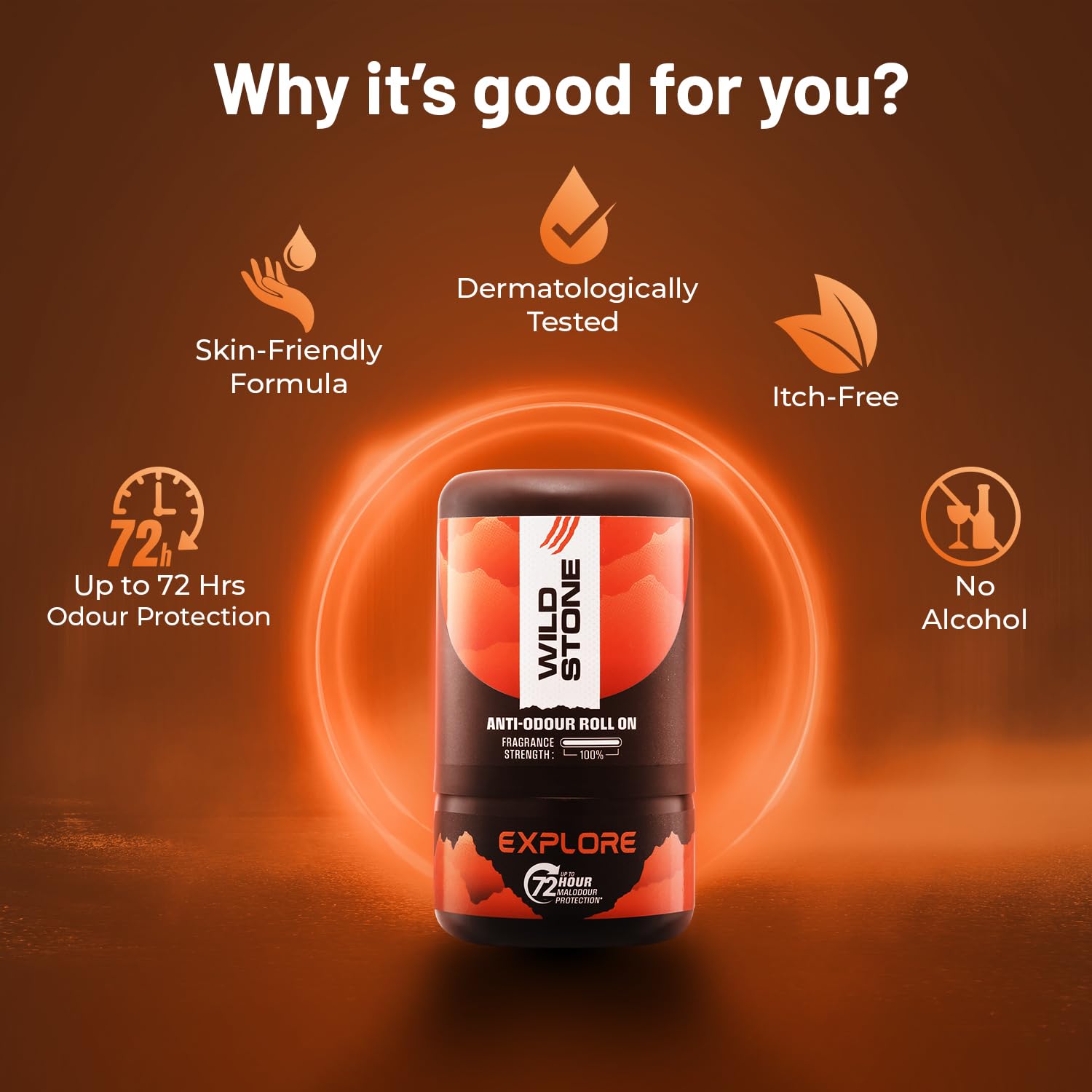 Wild Stone Explore Anti-Odour Roll On For Men, 50ml | Up to 72-Hour Odour Control | Infused with cedarwood oil and Vitamin C | Skin Friendly & Itch Free Deodorant Roll On | Long-Lasting Freshness
