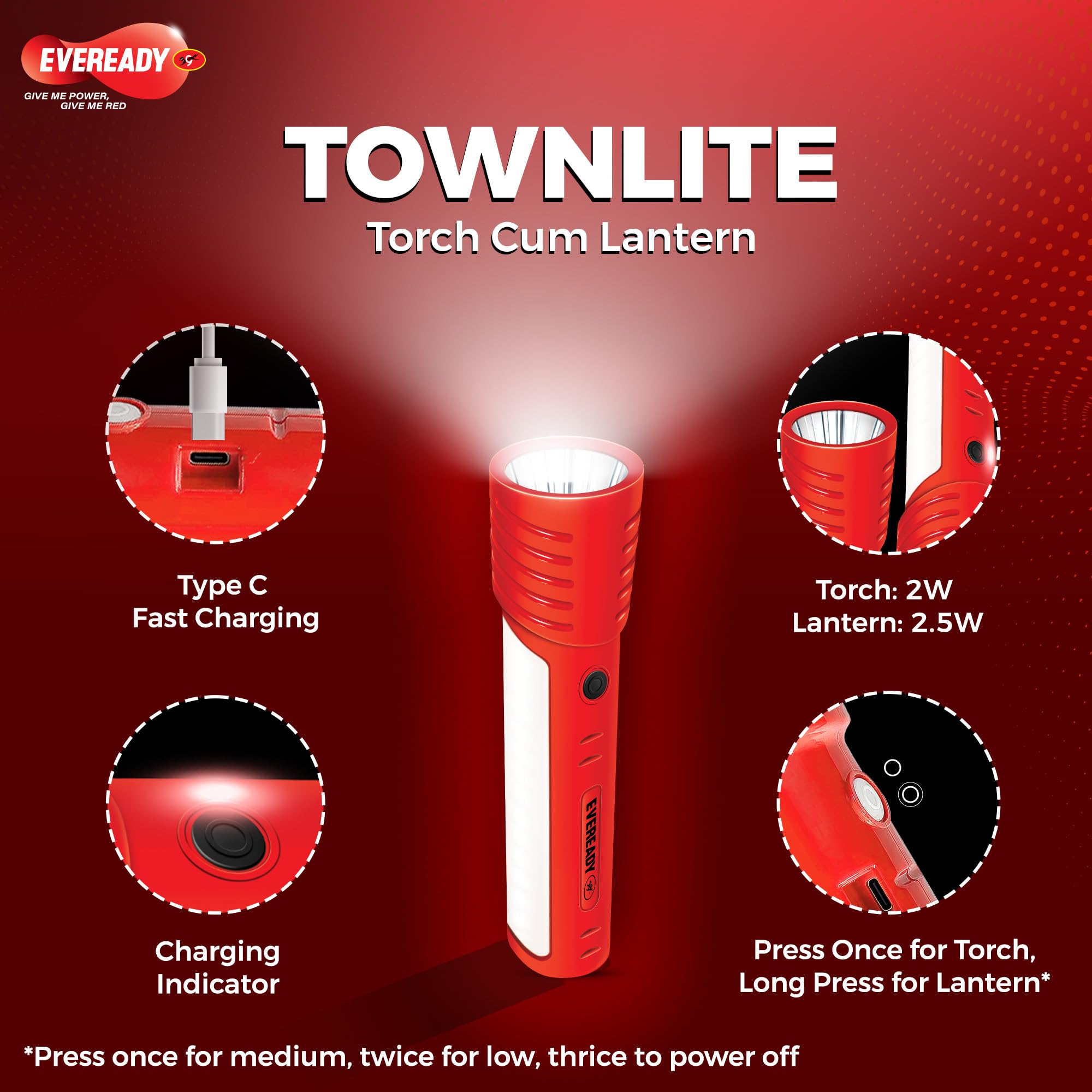 EVEREADY LED Townlite HL40, 2W Torch Cum 2.5W Lantern, Type-C USB Fast Charging, ?220 Lumen, Overcharge & Deep Discharge Protection, Powered by BIS Certified Li-Ion Battery