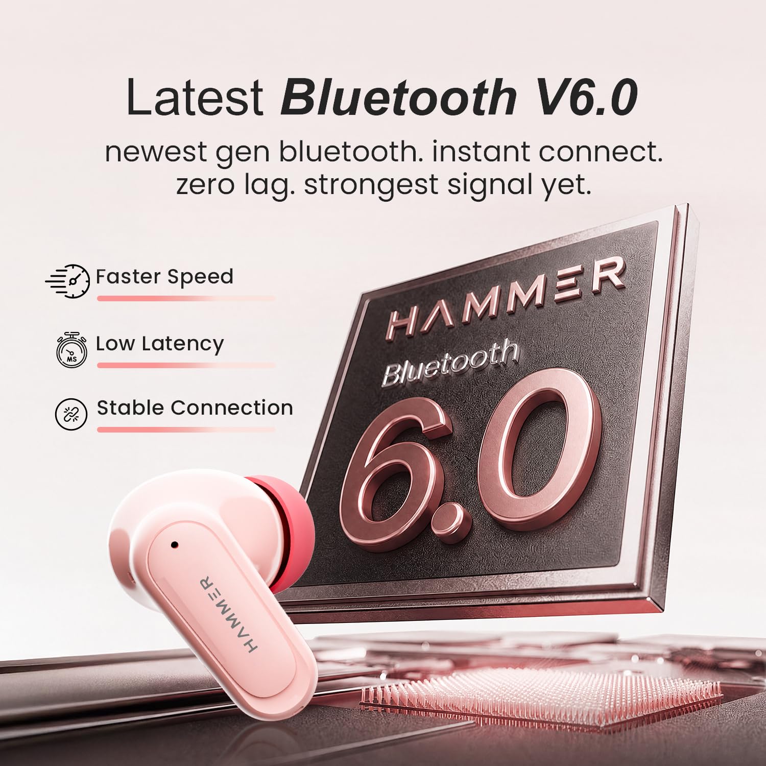 HAMMER Airflow Neo Bubblegum Earbuds with 80H Playtime, 13mm Titanium Driver, 40ms Gaming Mode, Fast Charging Buds, Type-C Charging, Voice Assistant, Lightweight Dual-Tone Design (Pink)