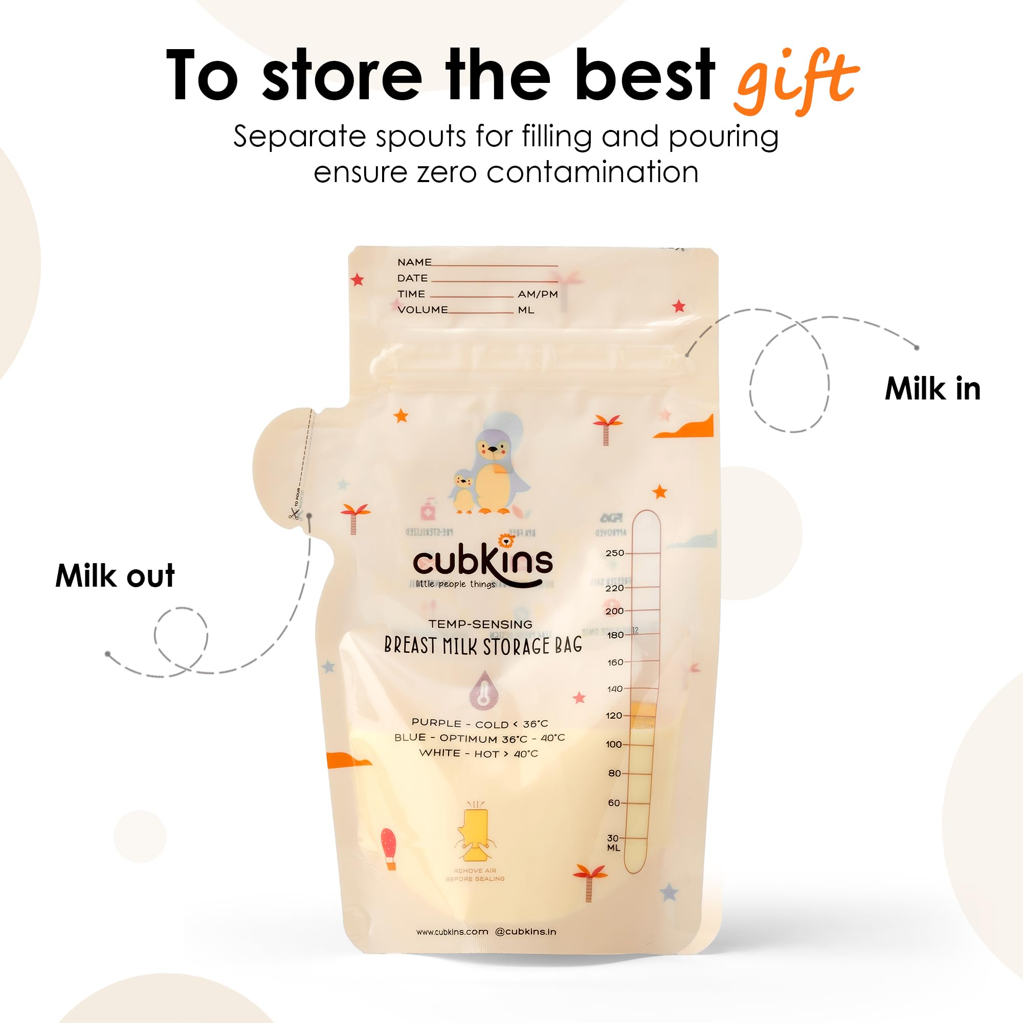 CUBKINS Breast Milk Storage Bags (Pack of 25) | Pre-Sterilized | Smart Temp Sensor | BPA Free | Single Use | Leak Proof Double Zip | Separate Fill & Pour Spouts | 250 ml Capacity | Marker Included