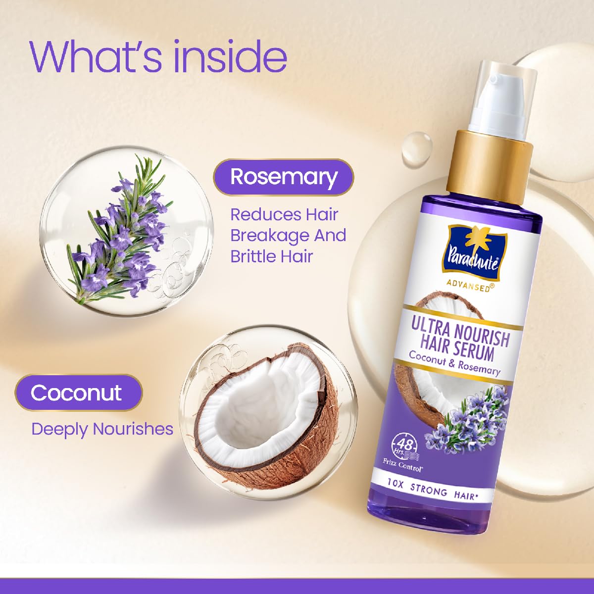 Parachute Advansed Ultra Nourish Hair Serum | Coconut & Rosemary | 48 Hr Frizz Control | 10X Strong Hair | 100ml