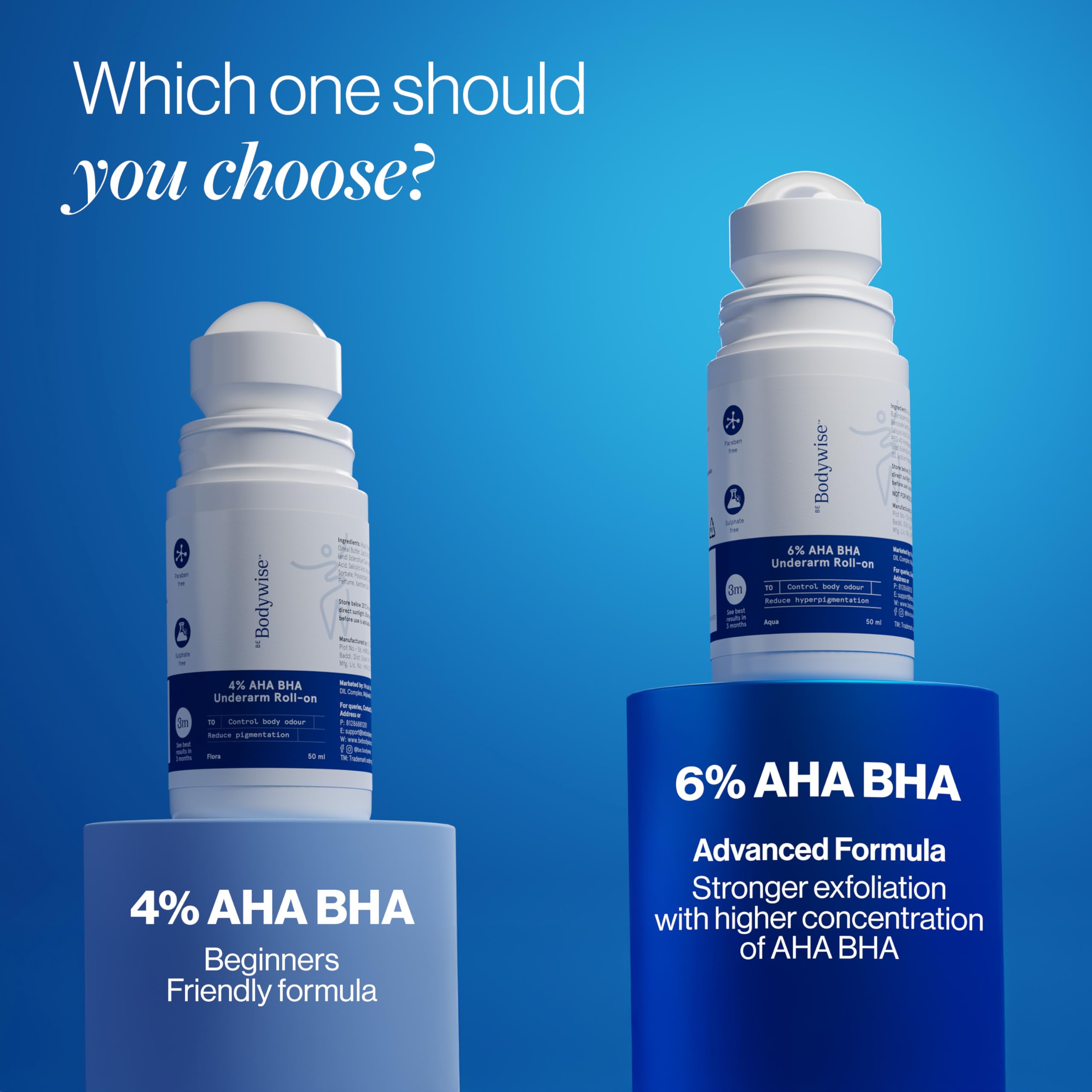Be Bodywise 6% Aha Bha Underarm Roll On 50ml | 4% Lactic Acid, 1% Mandelic Acid, 1% Salicylic Acid | Controls Odour & Reduces Pigmentation for even tone skin | 0% Alcohol & 0% Aluminium | Aqua Fragrance