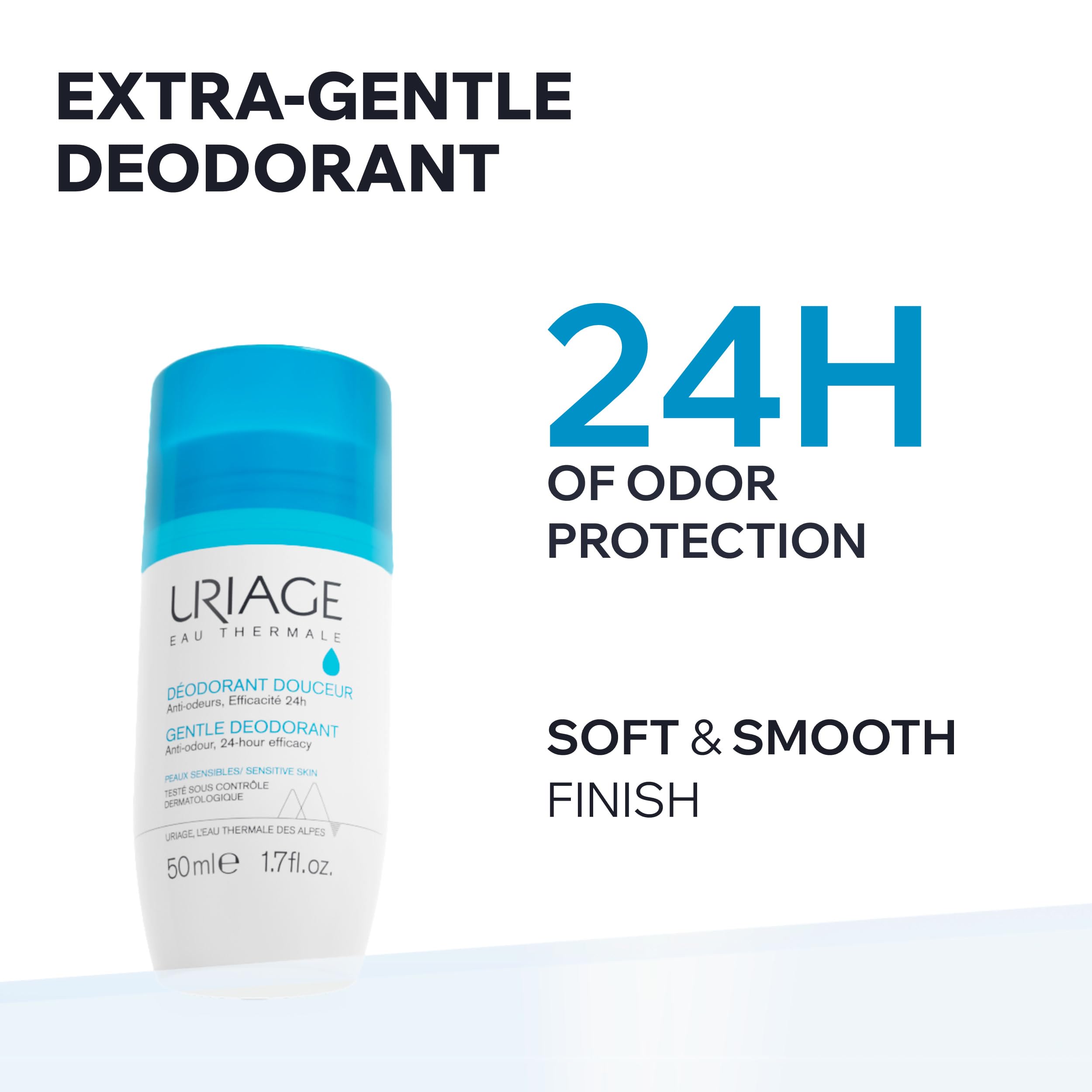 Uriage Gentle Roll-On Deodorant 50ml - Anti-Odor, 24h Efficacy - Sensitive Skin - Aluminium-Free, Enriched in Antibacterial Actives - Reduces Perspiration, Controls Odor Without Drying the Skin