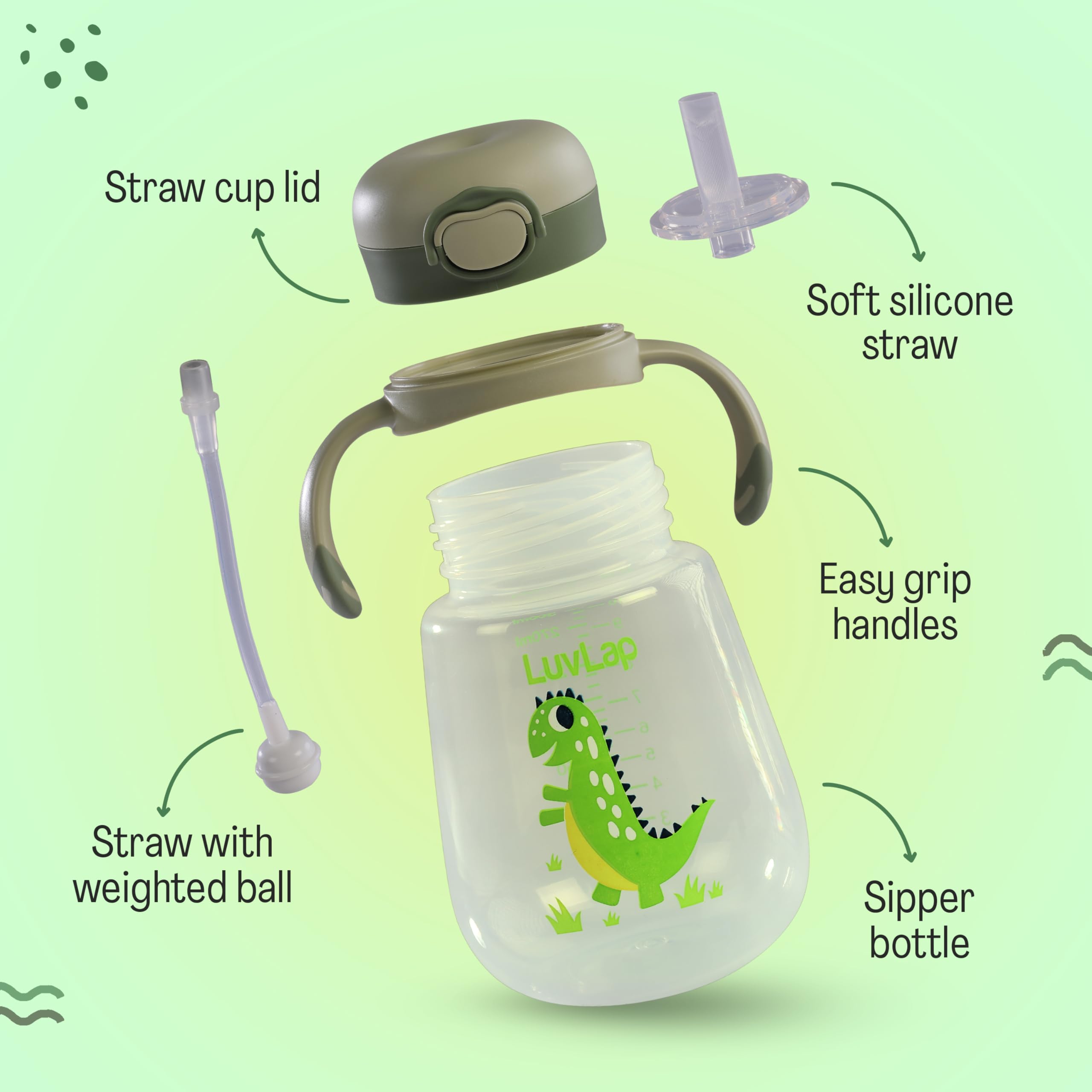 LuvLap Bite Resistant Soft Silicone Straw Sipper Cup with Handle, with Weighted Straw, Sippy Cup with Anti Spill Lock, BPA Free, 300 ml, Green, Training Cup for Kids