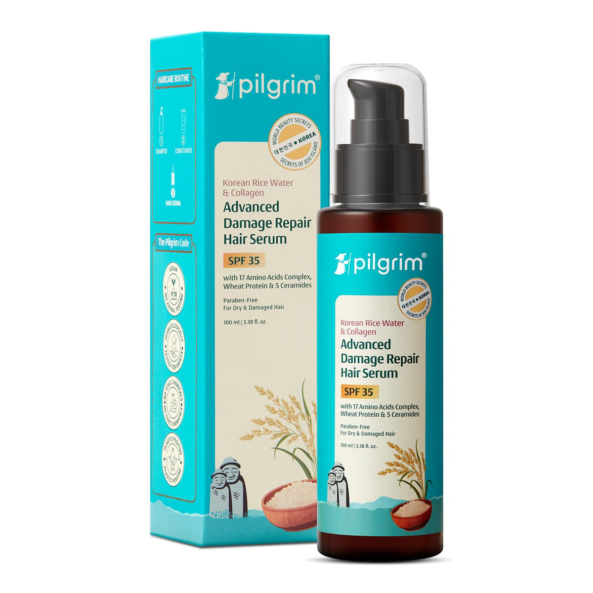 Pilgrim Korean Rice Water & Collagen Advanced Damage Repair Hair Serum SPF 35 with 17 Amino Acids Complex, Wheat Protein & 5 Ceramides 100ml