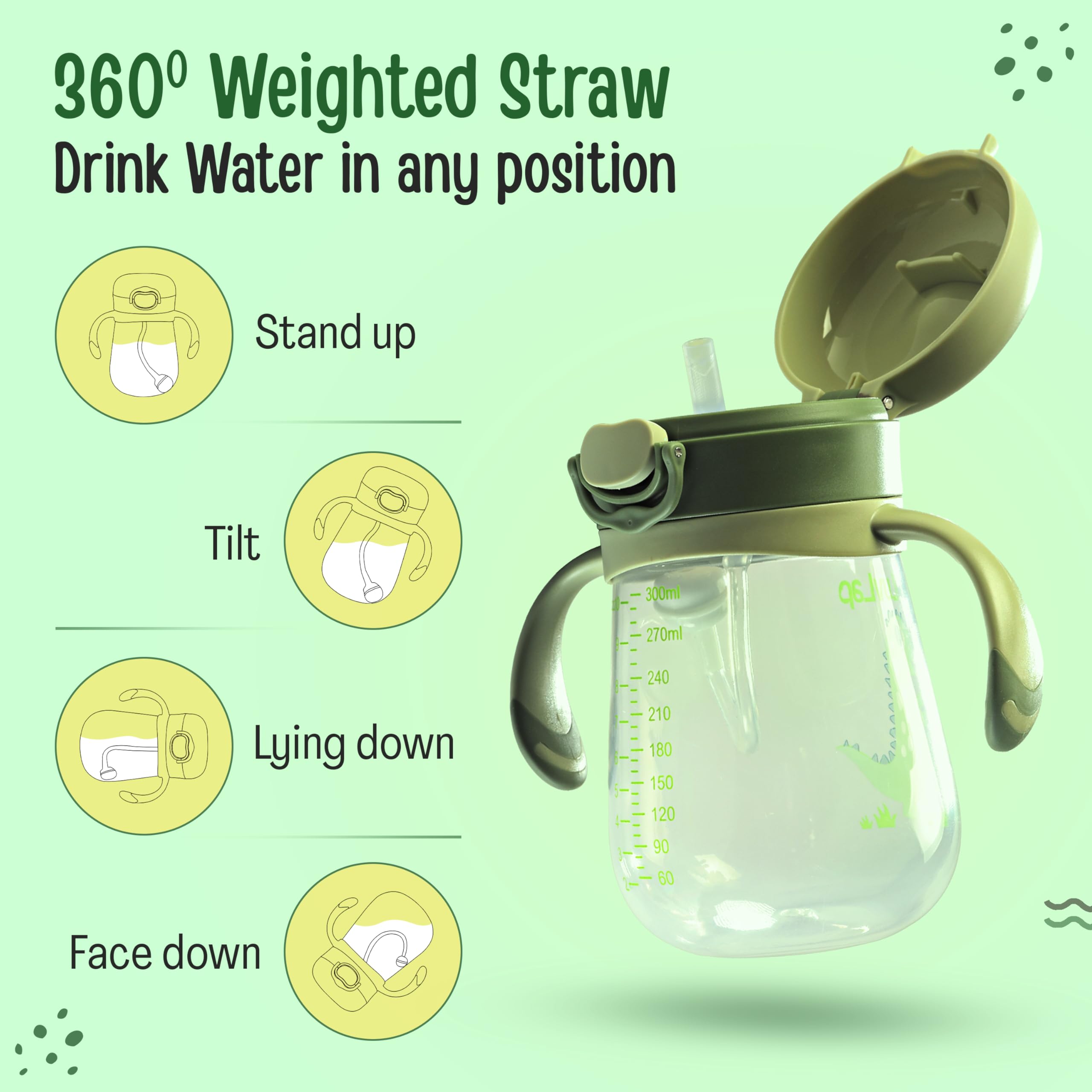 LuvLap Bite Resistant Soft Silicone Straw Sipper Cup with Handle, with Weighted Straw, Sippy Cup with Anti Spill Lock, BPA Free, 300 ml, Green, Training Cup for Kids