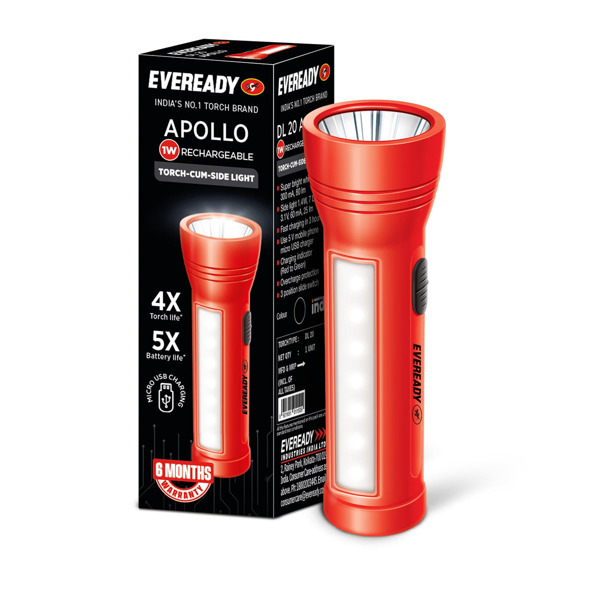 Eveready Apollo DL20, Rechargeable 1W Led Torch Cum 1.4W Emergency Sidelight/Face Light, Type-B/Micro USB Fast Charging, Overcharge & Deep Discharge Protection, Powered by Li-Ion Battery