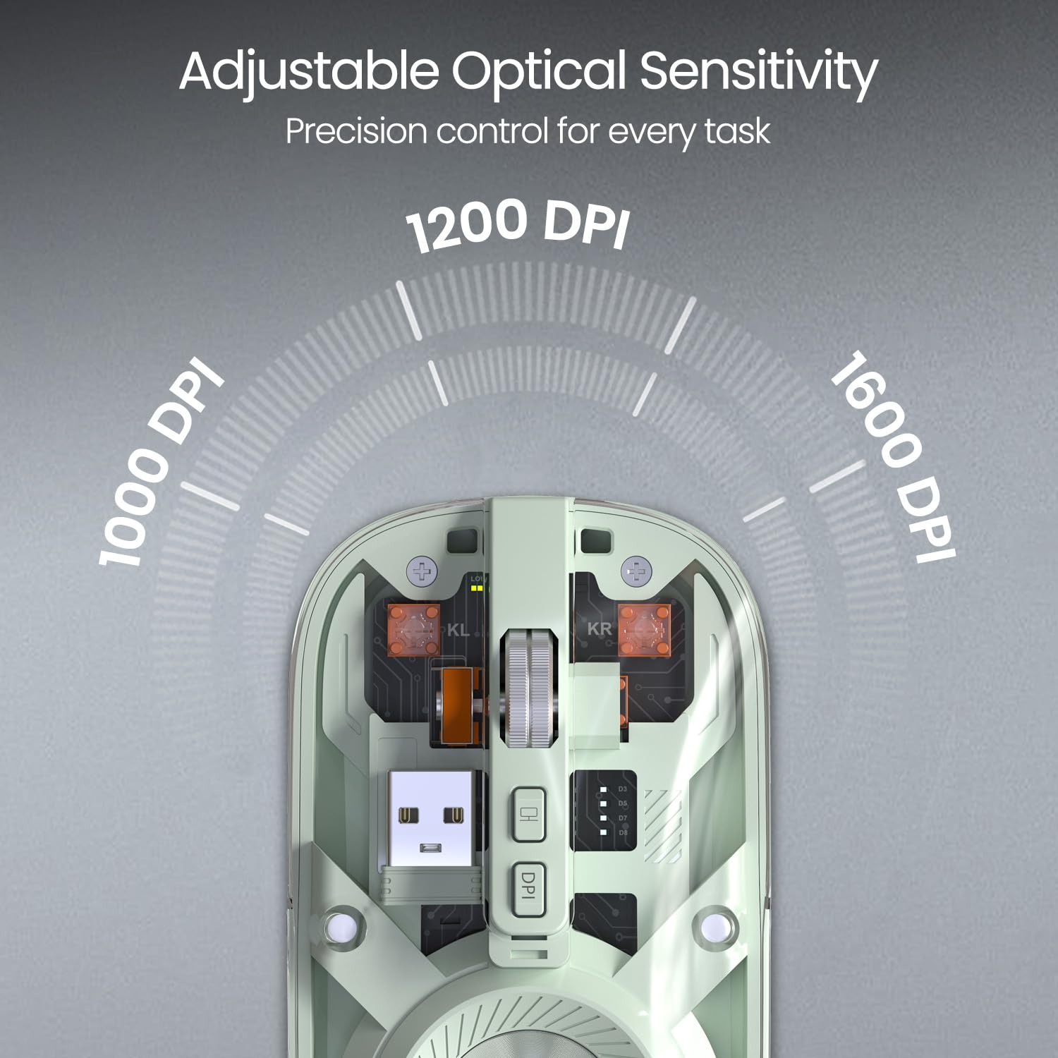 Portronics Toad 8 Transparent Wireless Bluetooth Mouse with Dual Wireless (BT + 2.4 GHz), Rechargeable Battery, Noise-Free Clicking, Show/Hide Desktop, Multi-Device Pair, Adjust Sensitivity (Green)
