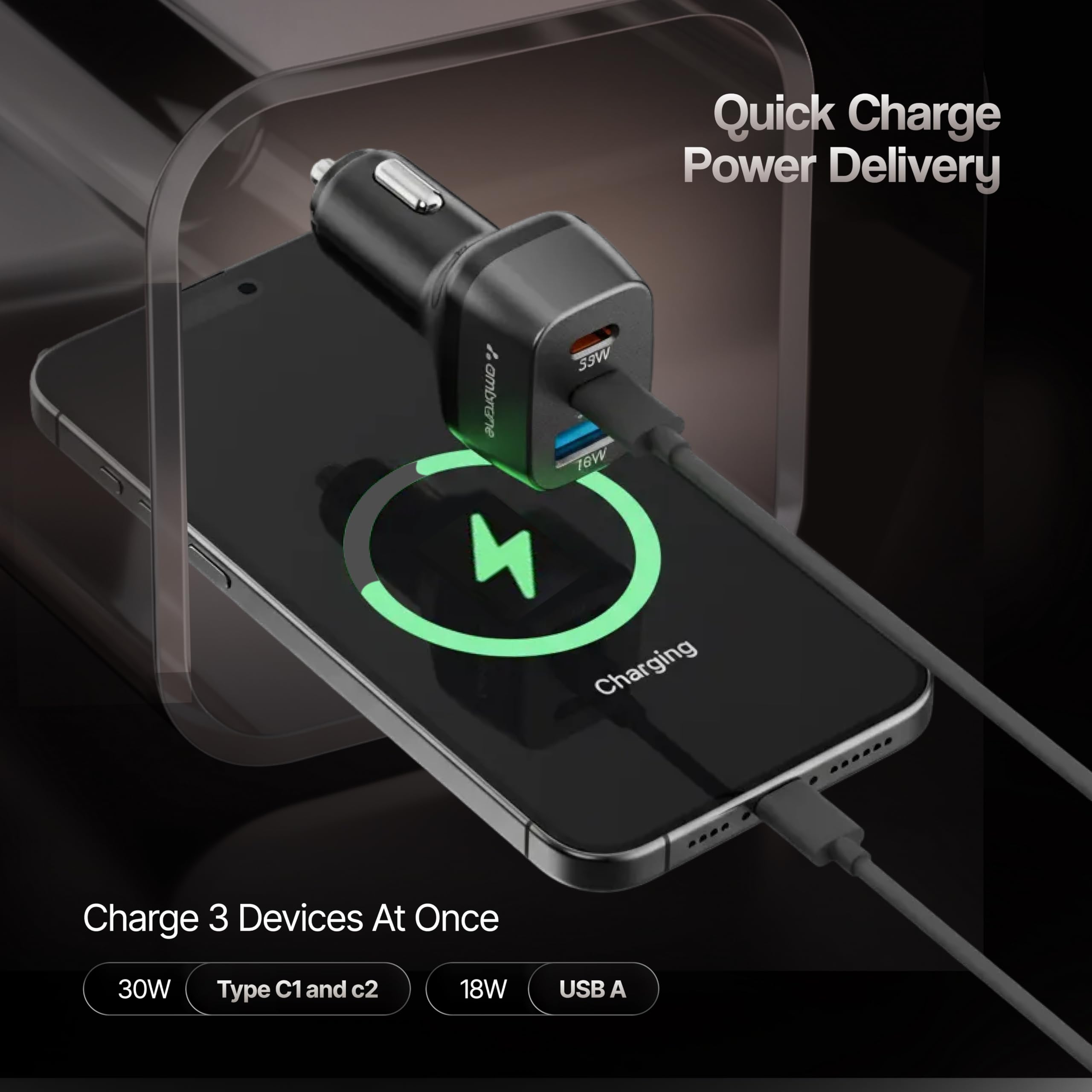 Ambrane 84W Triple Output Fast Car Charger with 2 Type-C & 1 USB, 33W Type C Charging with PD, Fast Charging Adapter Compatible with Cars for iPhone & Android Smartphones (Charge C84,Black)