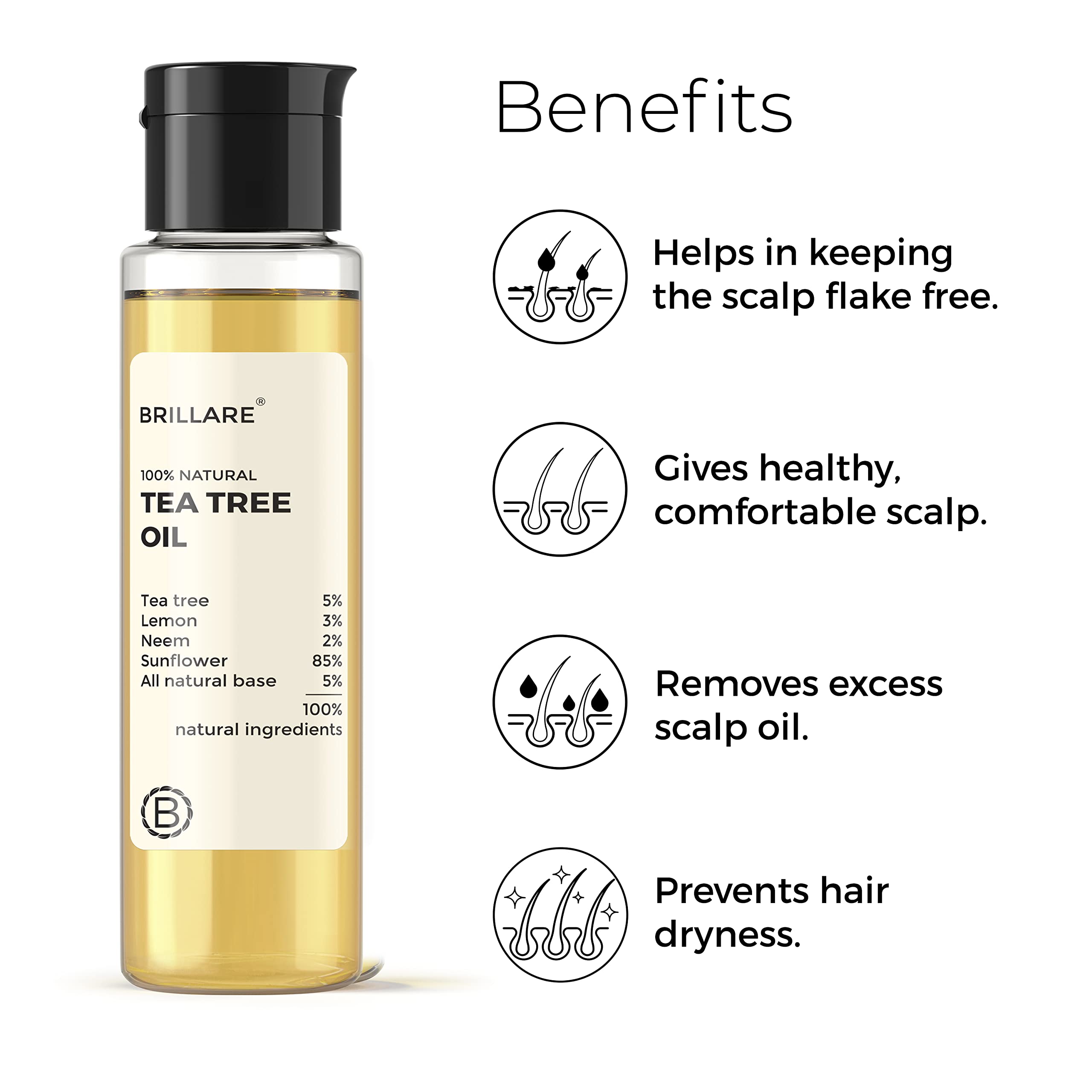 Brillare 5% Tea Tree Oil for Dandruff & Itchy Scalp | Removes Dandruff from Roots | 100% Natural, Preservative-Free with Tea Tree, Lemon & Neem | Deep Cleans Scalp | Anti Dandruff Hair Oil