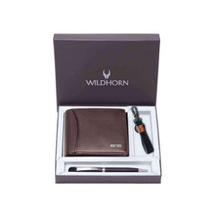 WildHorn Gift Hamper for Men I RFID Protected Leather Wallet, Keychain & Pen Combo Gift Set I Gift for Friend, Boyfriend,Husband,Father, Son etc (Brown M)