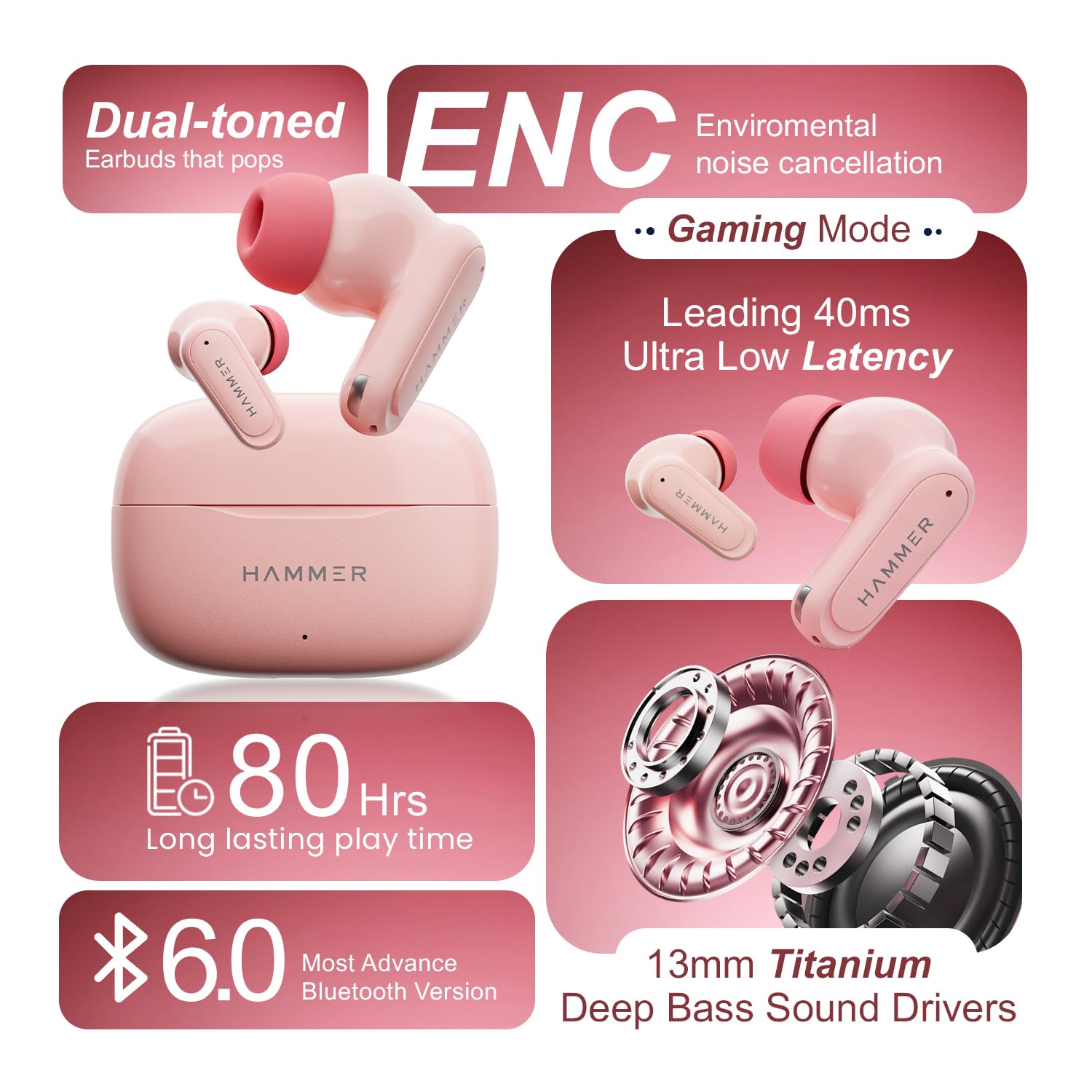 HAMMER Airflow Neo Bubblegum Earbuds with 80H Playtime, 13mm Titanium Driver, 40ms Gaming Mode, Fast Charging Buds, Type-C Charging, Voice Assistant, Lightweight Dual-Tone Design (Pink)