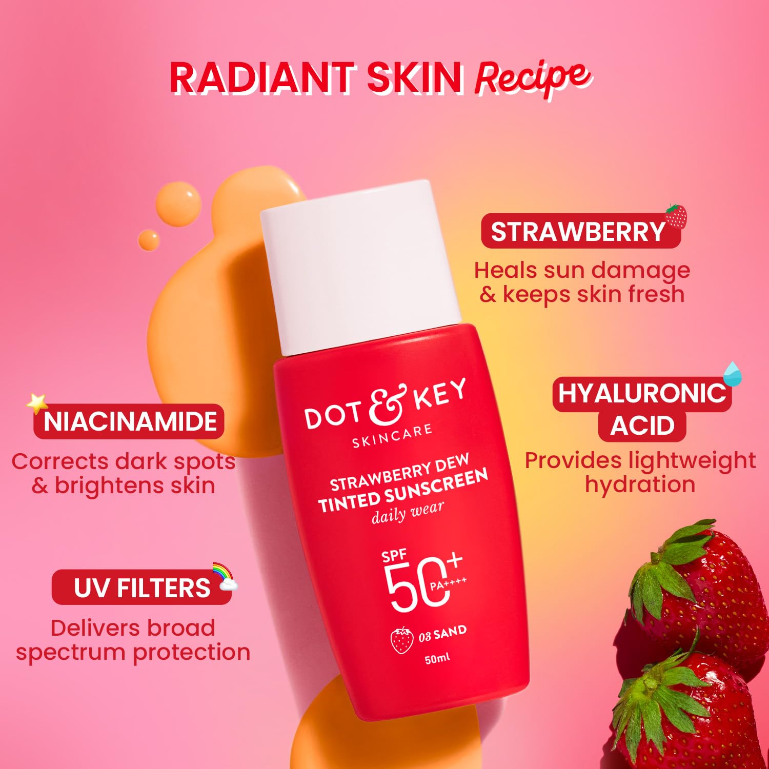 Dot & Key Strawberry Dew Tinted Sunscreen SPF 50+ Pa++++ - 03 Sand | Protection Against UA/UB | Broad Spectrum, Water & Sweat resistant | For All Skin Types | 50ml