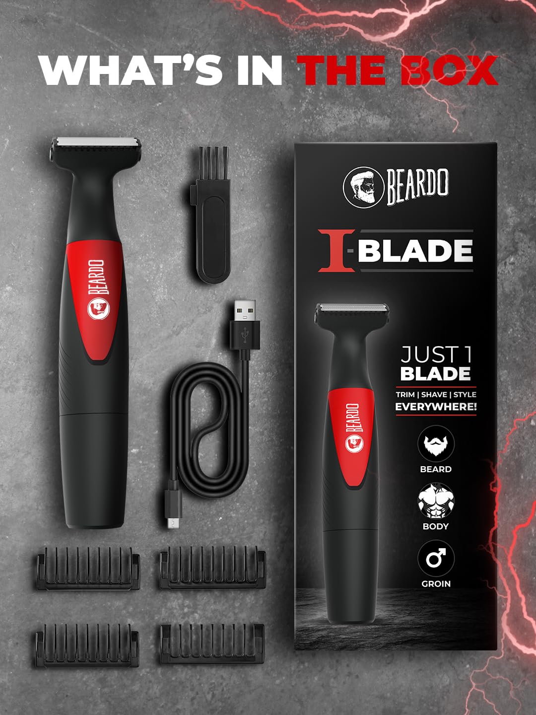 Beardo Multipurpose I Blade Trimmer & Shaver for Beard, Body, Hair & Groin | With 4 Trimming Combs | 90 min. Run Time USB TYPE C Charging - Personal Care Appliances from BEARDO - Shop in Sri Lanka at Arcade.lk