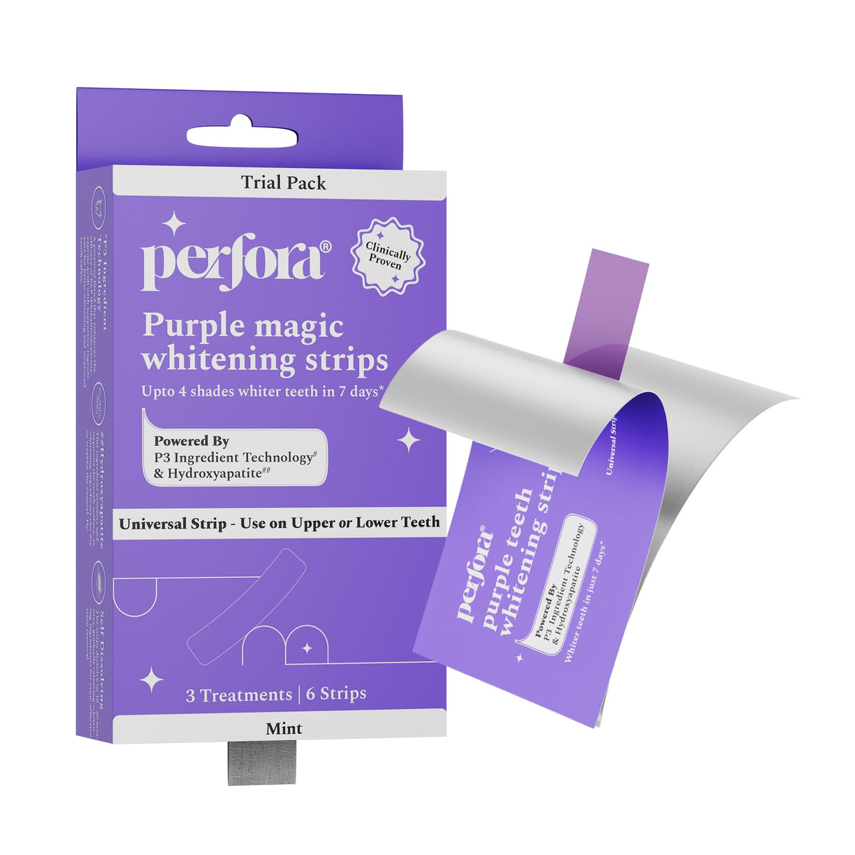 Perfora Purple Teeth Whitening Strips – Pack of 3 Treatments (6 Strips) – Whitens Teeth in 1 Use | Peroxide & Sensitivity-Free, Enamel-Safe Oral Care | PAP & Hydroxyapatite For Stain Removal